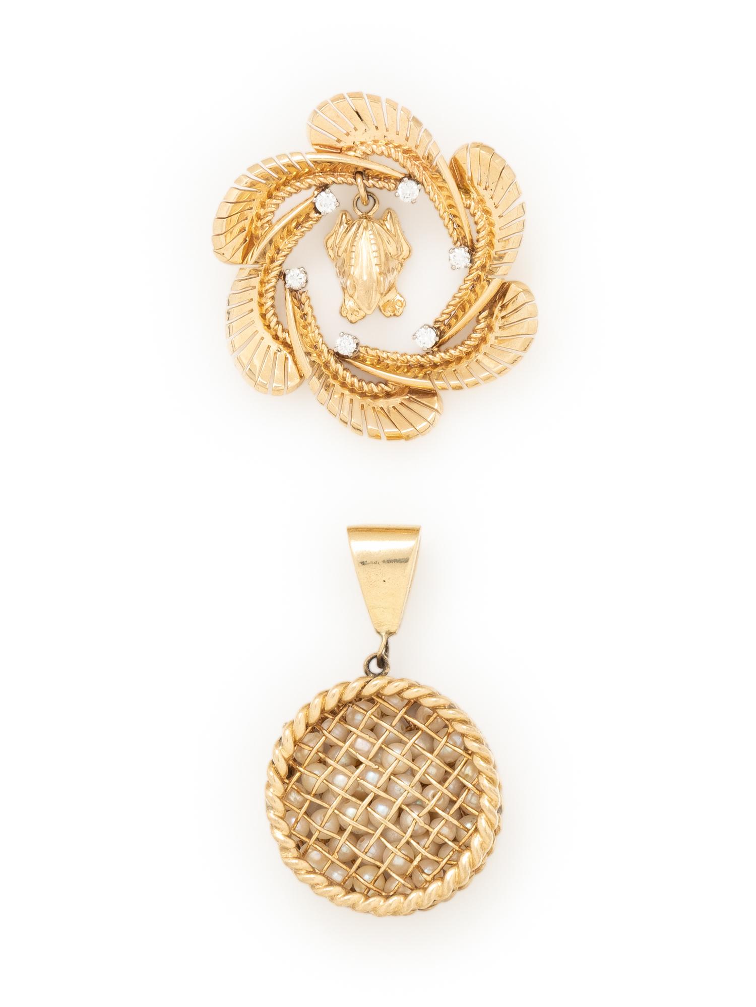 TWO YELLOW GOLD, SEED PEARL, AND DIAMOND PENDANTS