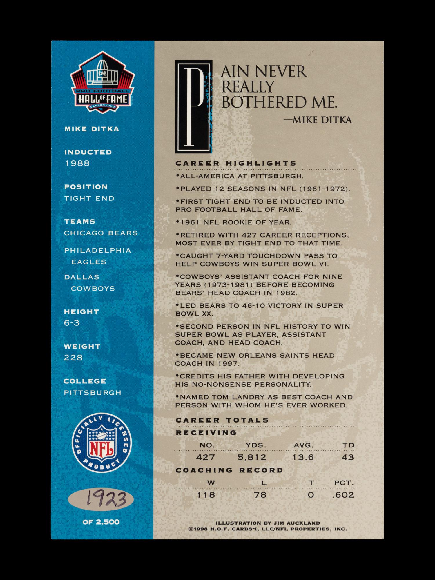 Mike Ditka's Personally Owned 1998 Ron Mix Platinum Edition Signature Series Art Card Set