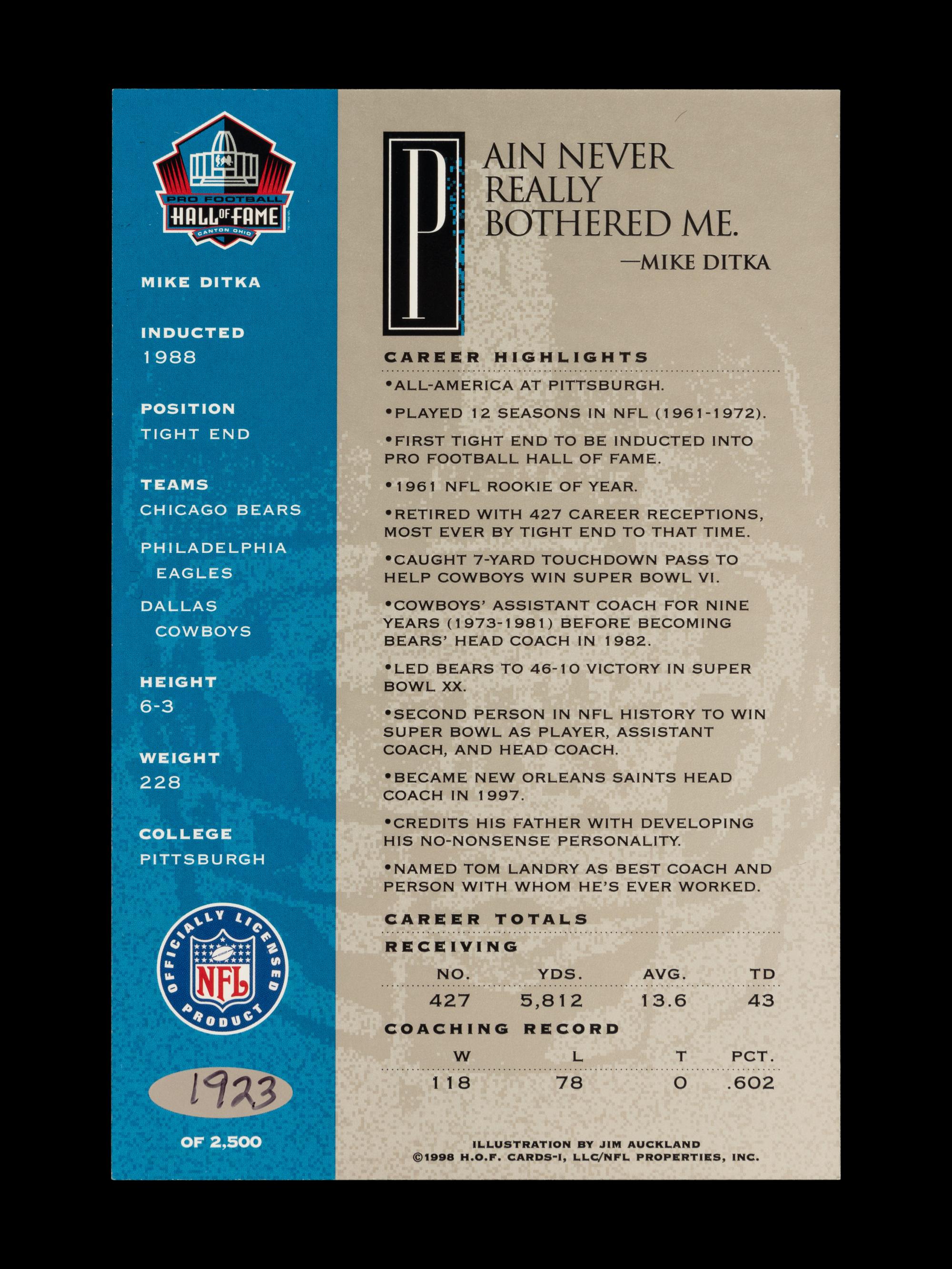 Mike Ditka's Personally Owned 1998 Ron Mix Platinum Edition Signature Series Art Card Set