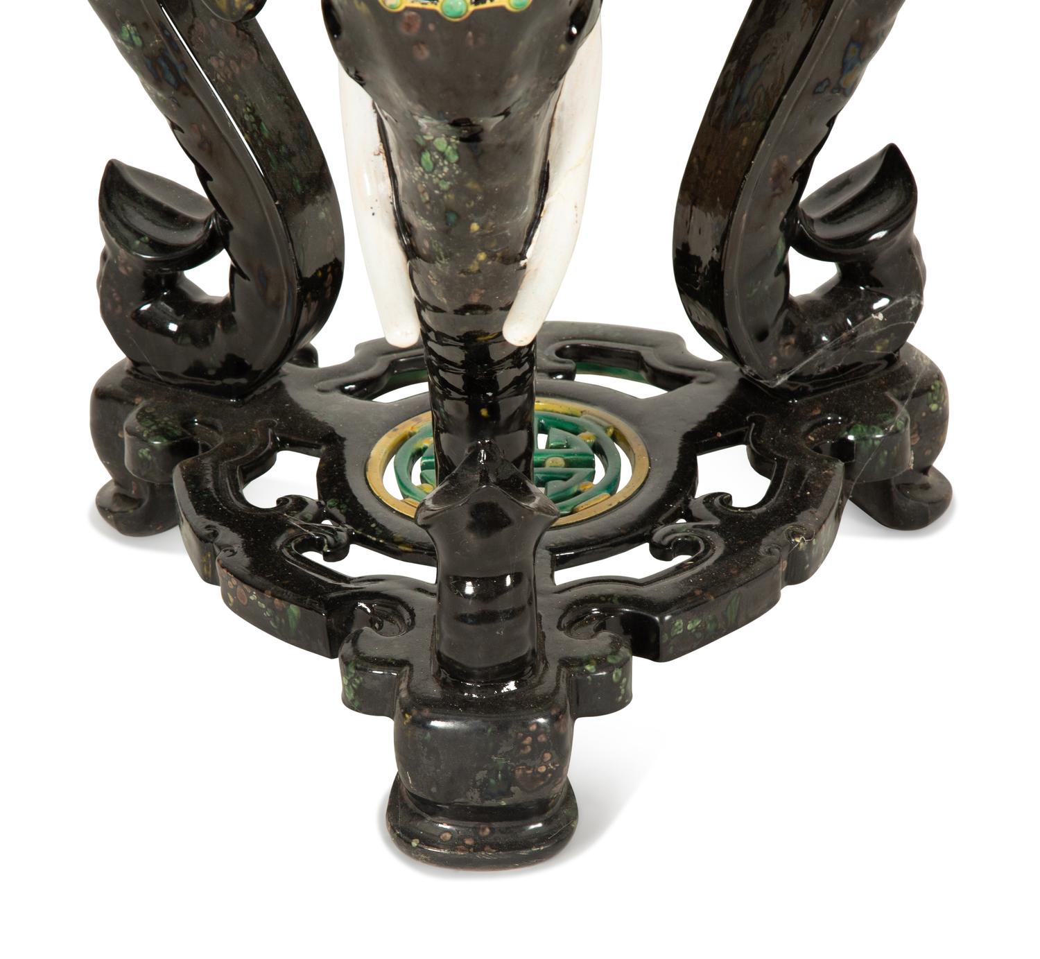 A Glazed Ceramic Elephant Base Table with Painted Glass Top — 20th Century