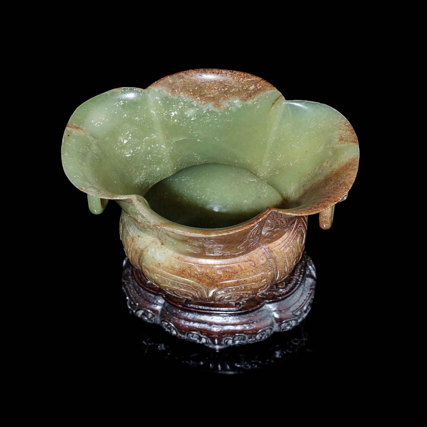 A Chinese Yellow Jade 'Lobed' Zun Vase 黃玉仿古饕餮紋海棠尊