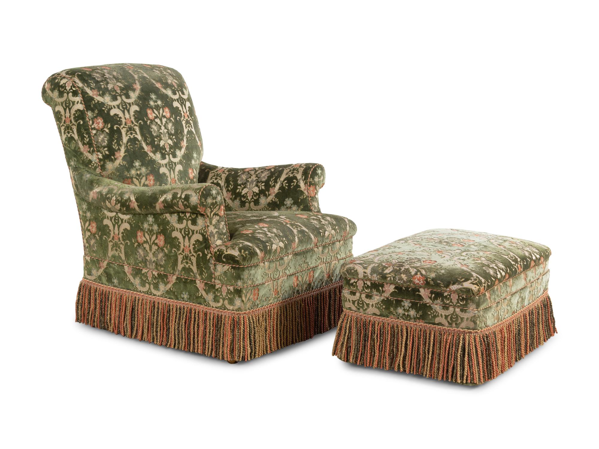 A Green Silk Cut Velvet Upholstered Armchair and Ottoman