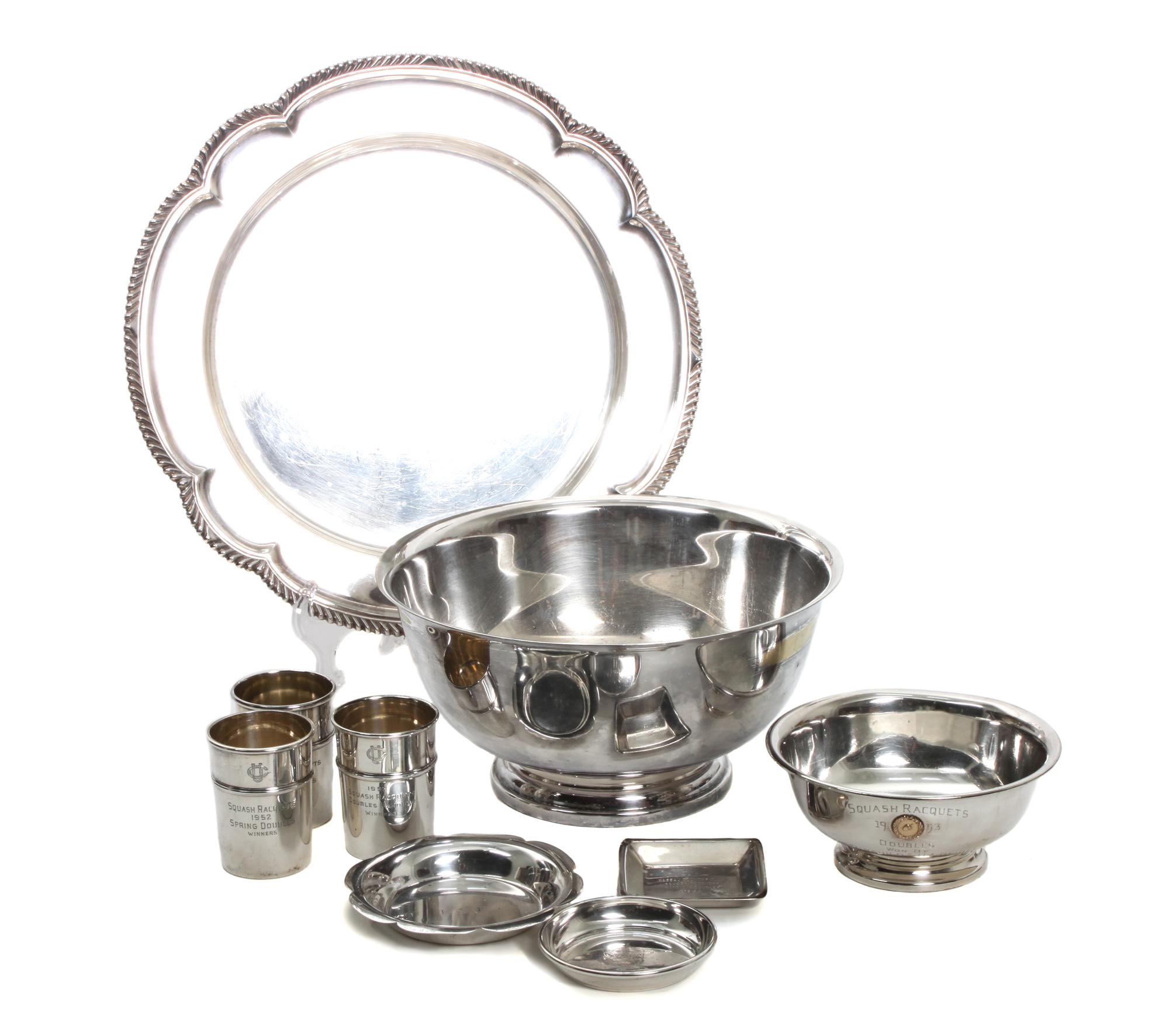 Nine American Silver and Silver Plate Sporting Trophies, , including: a Gorham tray, revere bowl, a smaller bowl, three pin trays and t