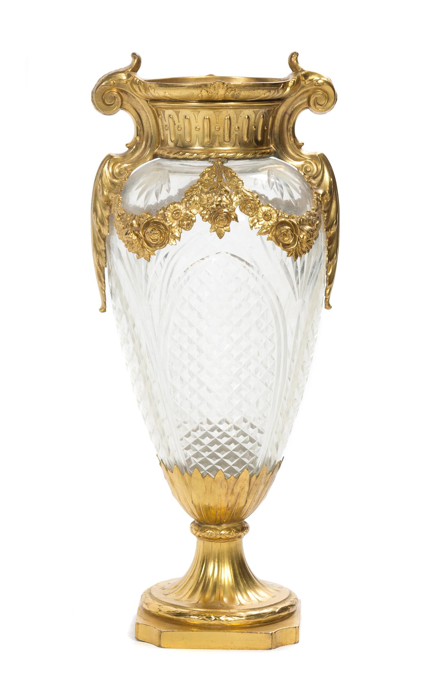 A Gilt Metal Mounted Cut Glass Vase Height 16 inches.