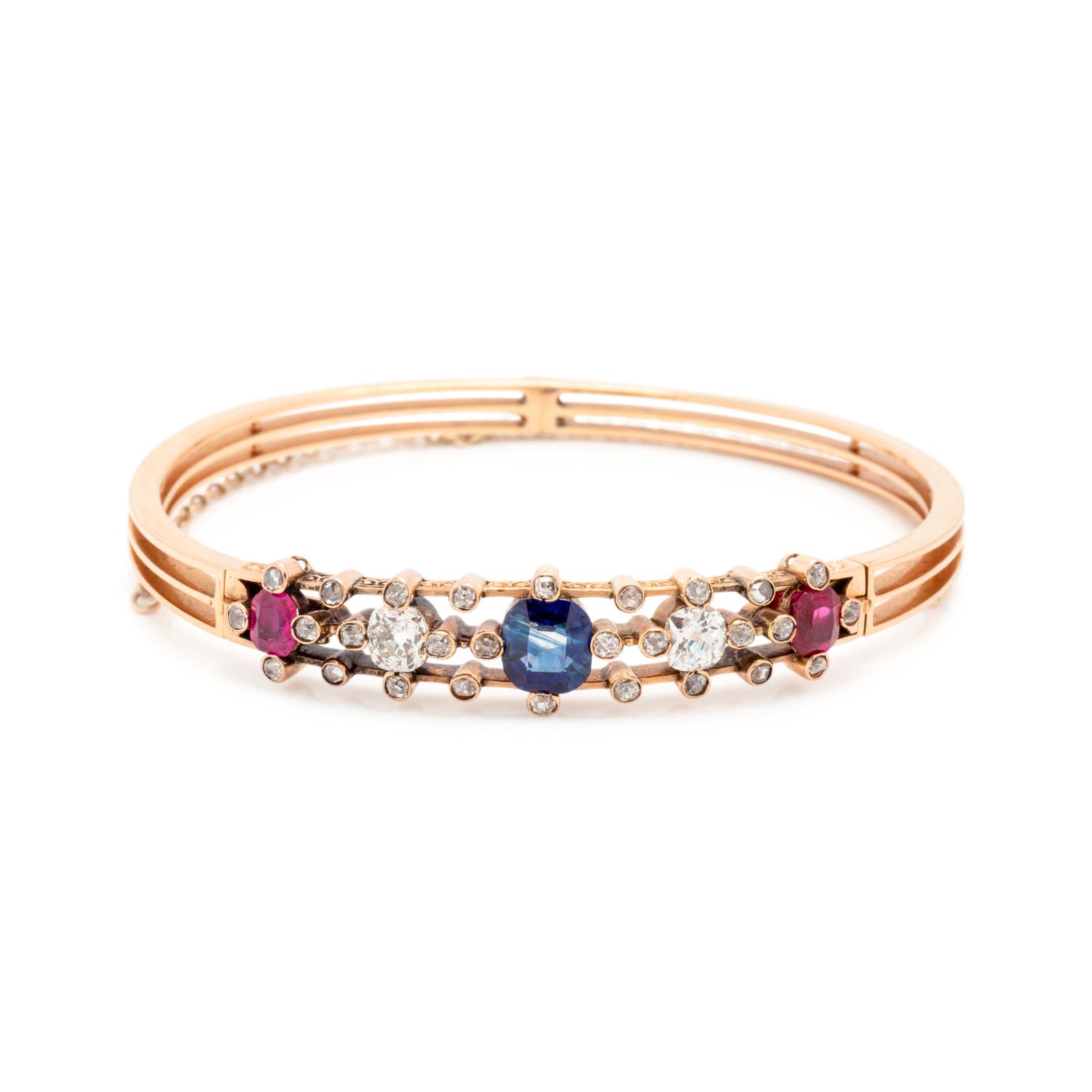 ANTIQUE, SAPPHIRE, DIAMOND AND RUBY BANGLE BRACELET