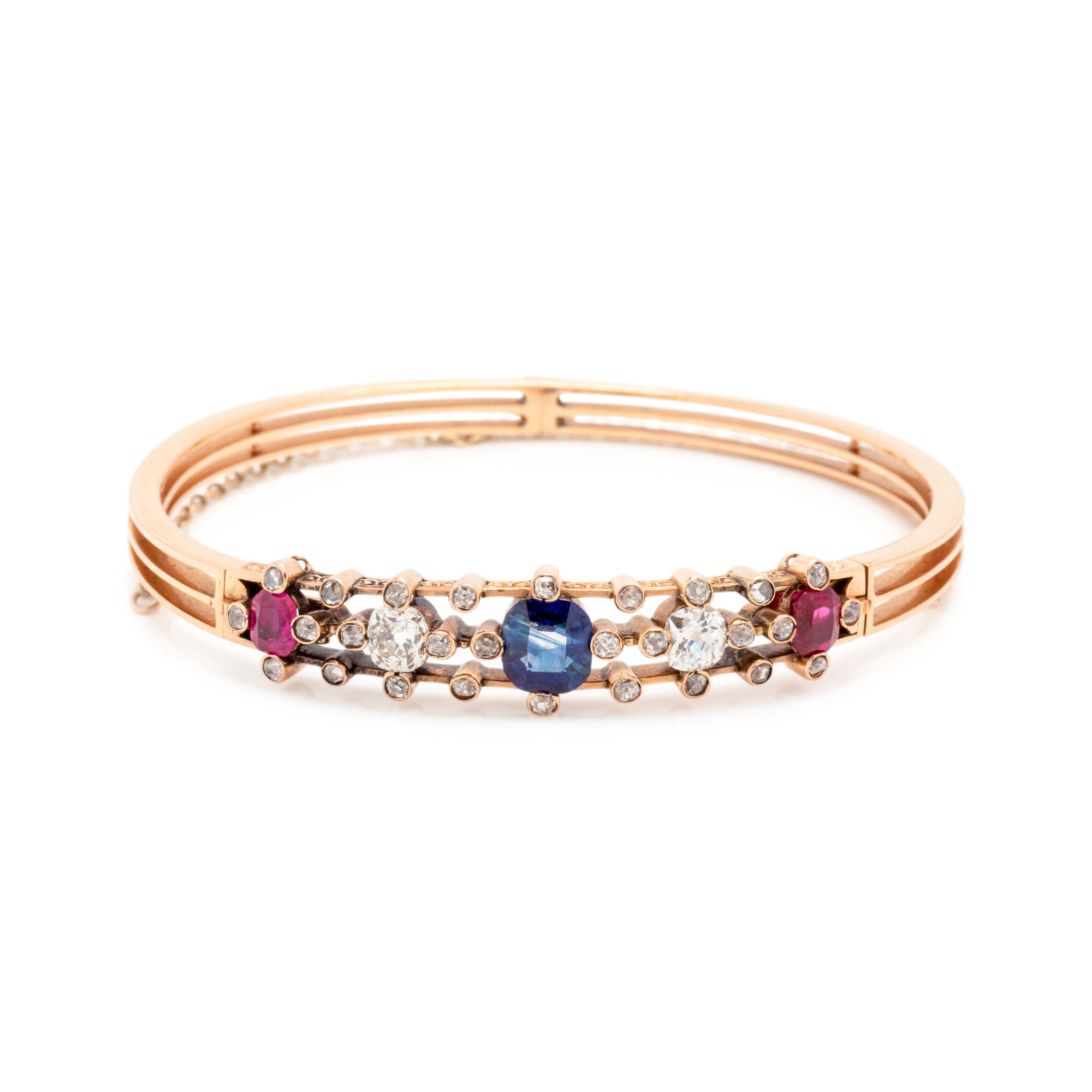 ANTIQUE, SAPPHIRE, DIAMOND AND RUBY BANGLE BRACELET