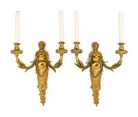 A Pair of French Style Gilt Bronze Figural Two-Light Sconces