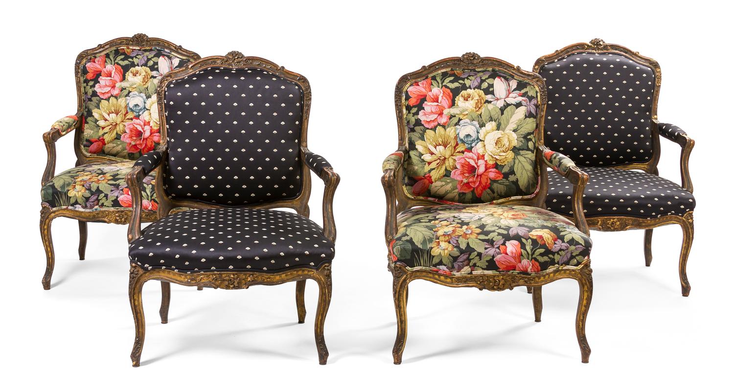 A Set of Four Louis XV Style Giltwood Fauteuils, Height 40 1/2 inches.
