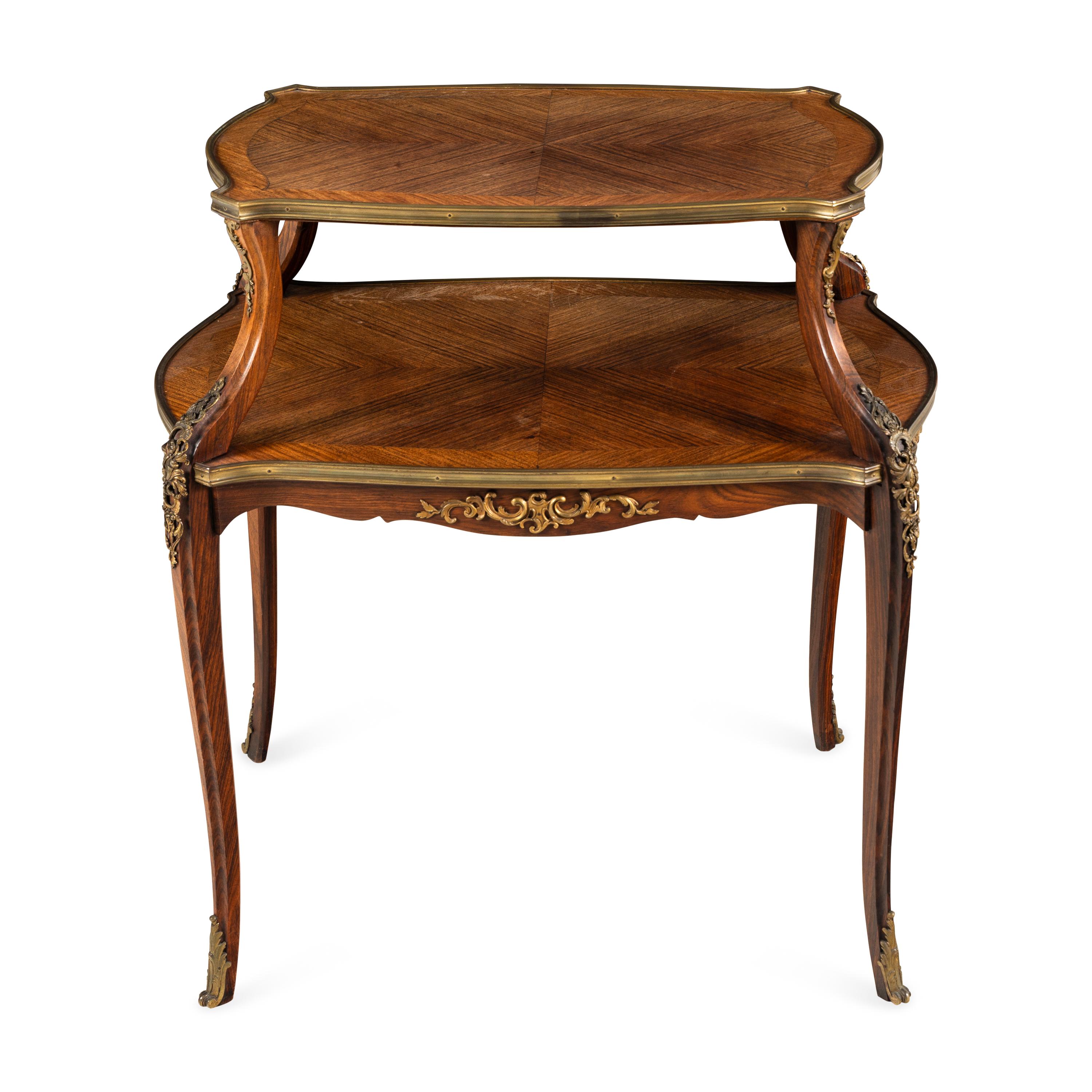 A Louis XV Style Gilt Bronze Mounted Parquetry Two-Tier Table
