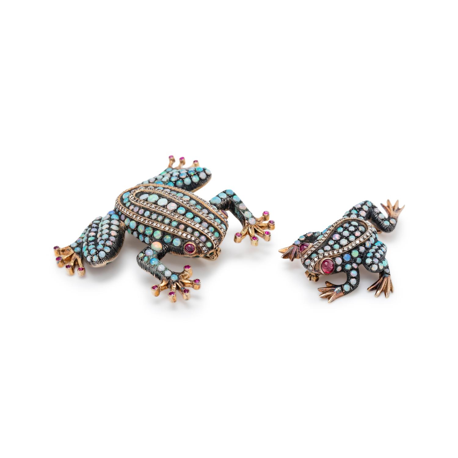 COLLECTION OF OPAL, DIAMOND AND RUBY FROG BROOCHES