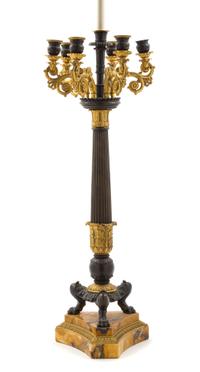 A Gilt and Patinated Bronze Six-Light Candelabrum Mounted as a Lamp Height overall 40 inches. — 20TH CENTURY