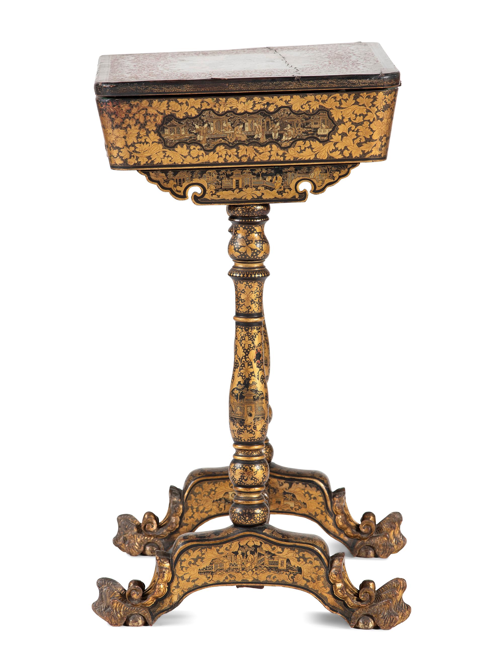 A Chinese Export Gilt and Black Lacquered Sewing Table