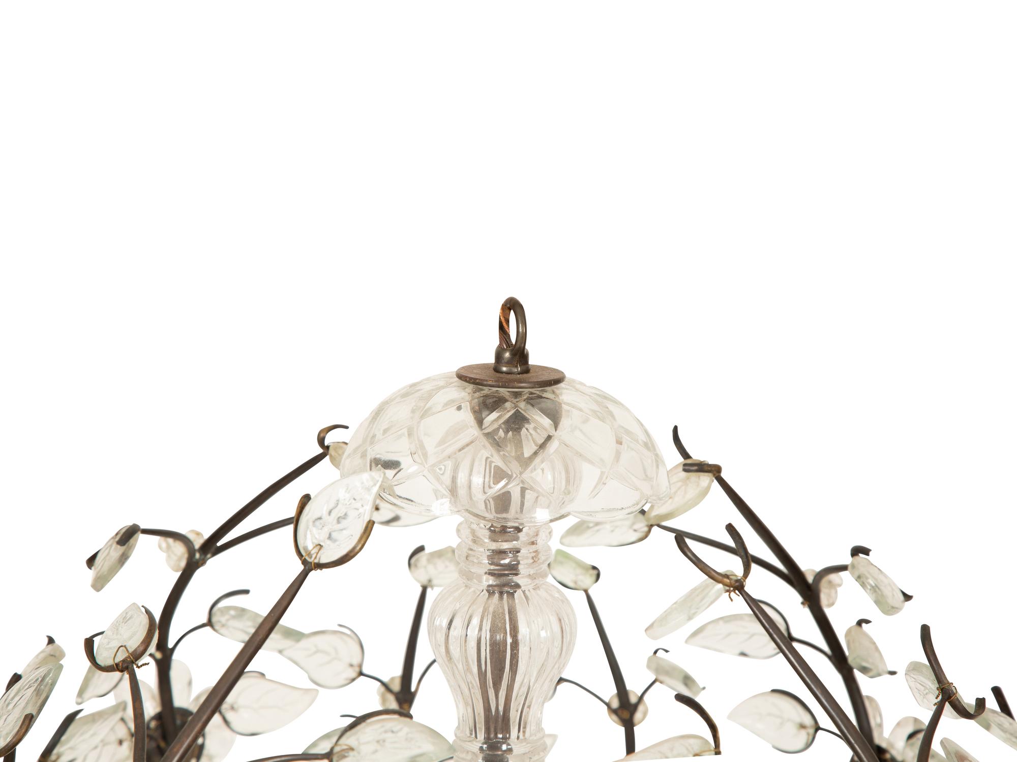 A Pair of Gilt Metal and Etched Crystal Leaf Globe-form Chandeliers in the Manner of Maison Bagues — 20th Century