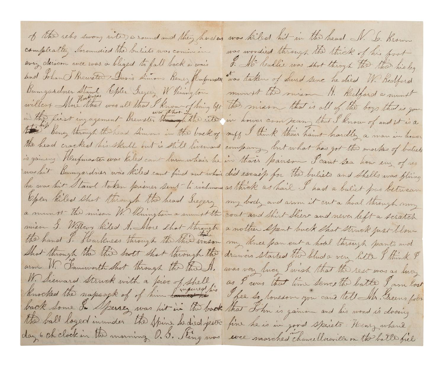 [CIVIL WAR]. Soldier's letter from Samuel Conklin, 141st PA Vols, recounting his and others' wounds sustained at the Battle of Chancellorsville. 20 May 1863.