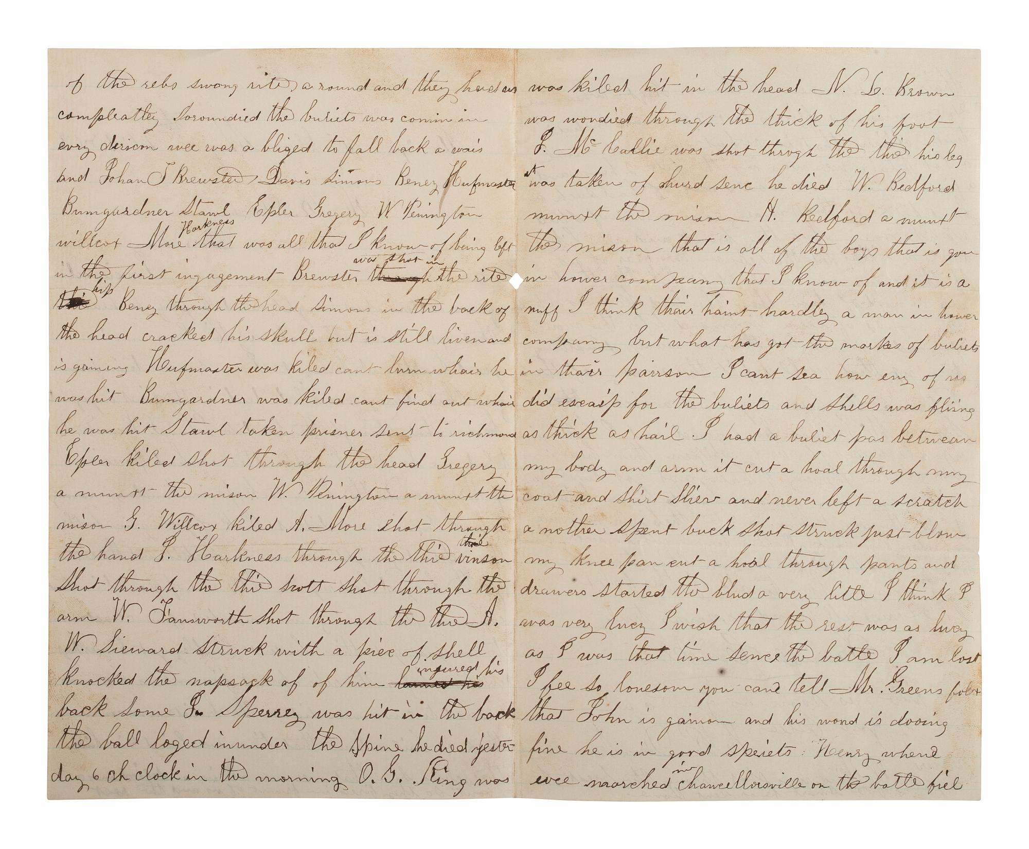 [CIVIL WAR]. Soldier's letter from Samuel Conklin, 141st PA Vols, recounting his and others' wounds sustained at the Battle of Chancellorsville. 20 May 1863.