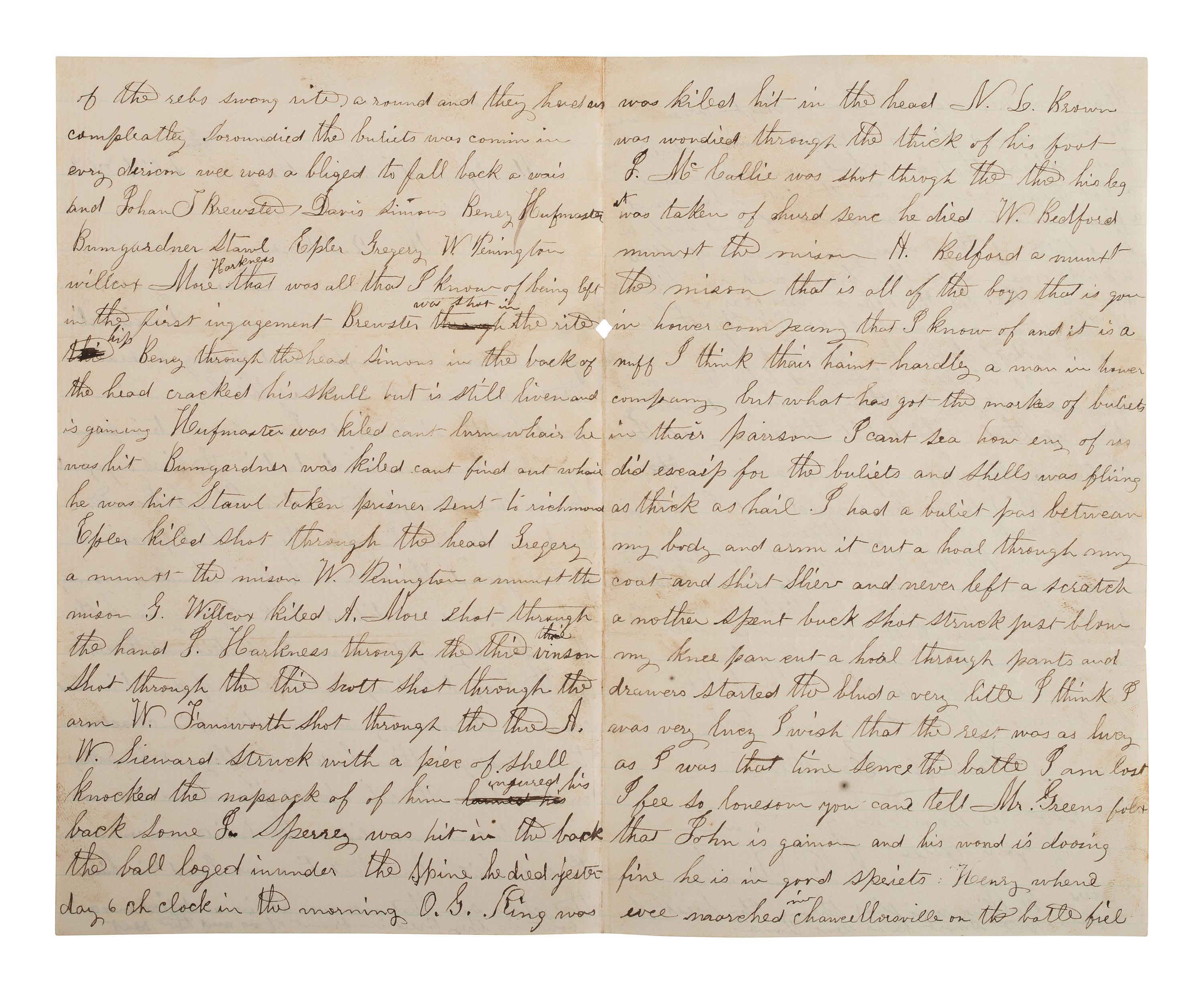 [CIVIL WAR]. Soldier's letter from Samuel Conklin, 141st PA Vols, recounting his and others' wounds sustained at the Battle of Chancellorsville. 20 May 1863.