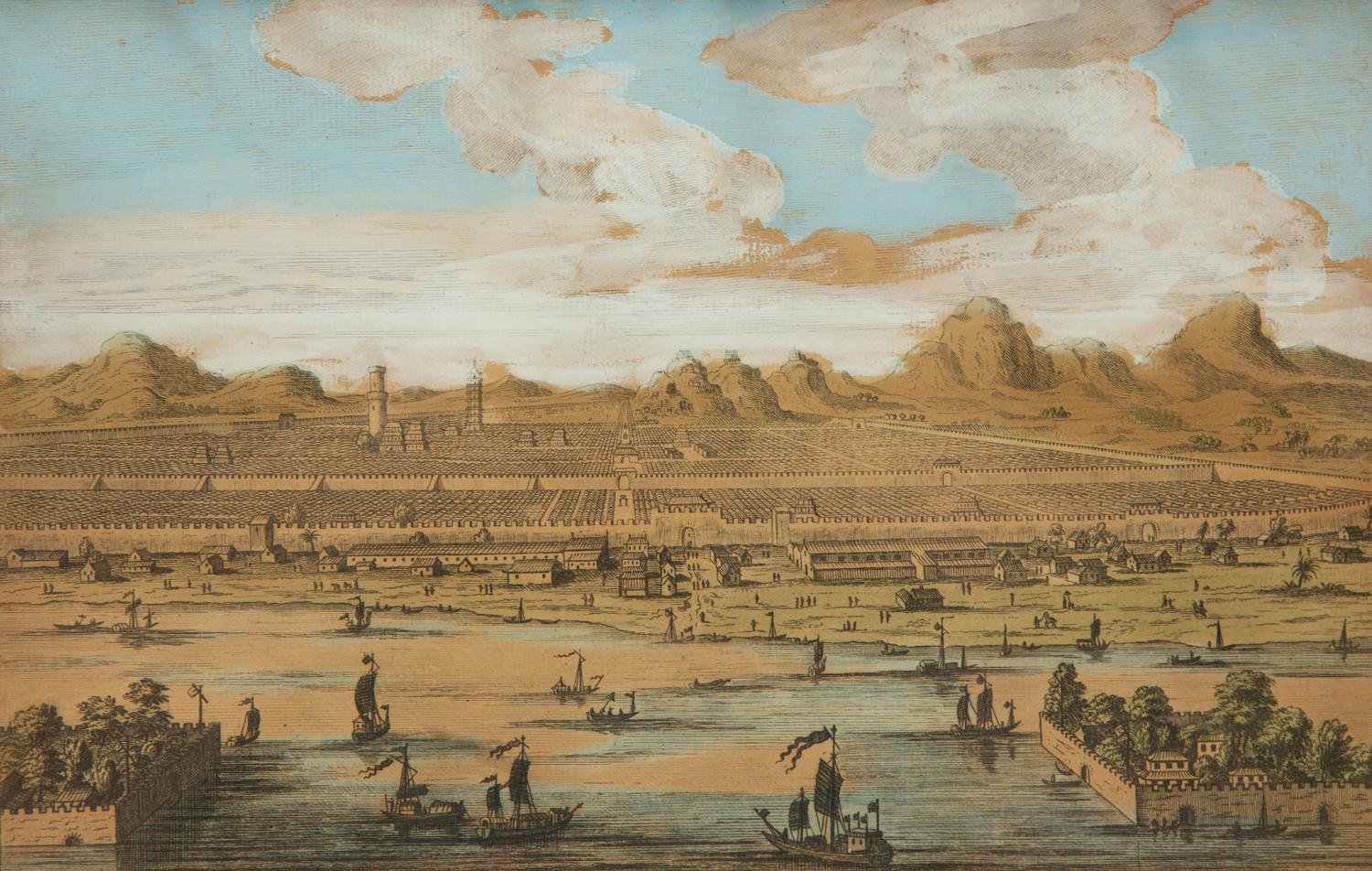 A Set of Five Colored Engravings of Views of China, After Augustin Heckel