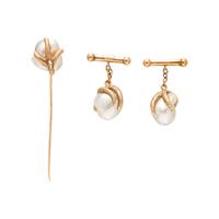 YELLOW GOLD AND BAROQUE CULTURED PEARL CLAW CUFFLINKS AND PIN