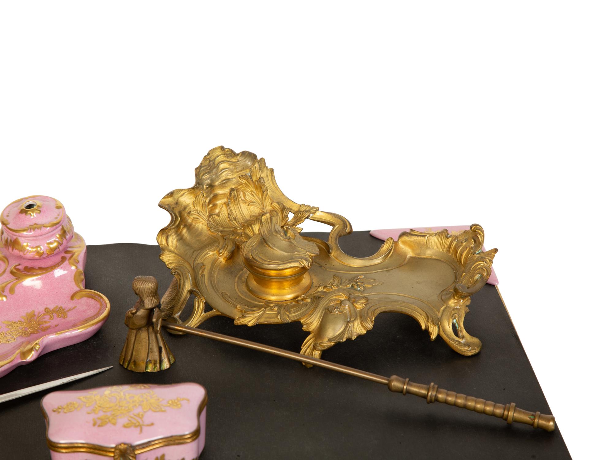 A Louis XV Style Gilt Bronze Inkwell and a Sèvres Style Porcelain Standish
