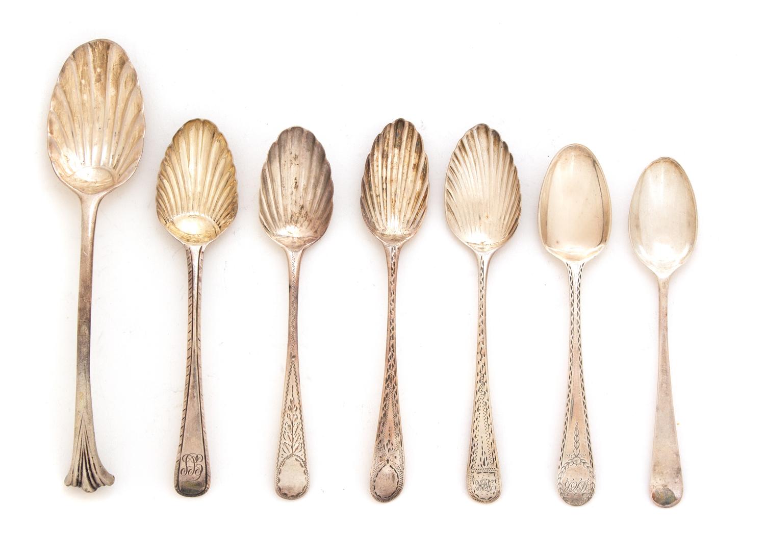 A Collection of Fifty English Silver Shell Spoons, Various Makers and Dates,