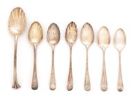 A Collection of Fifty English Silver Shell Spoons, Various Makers and Dates,