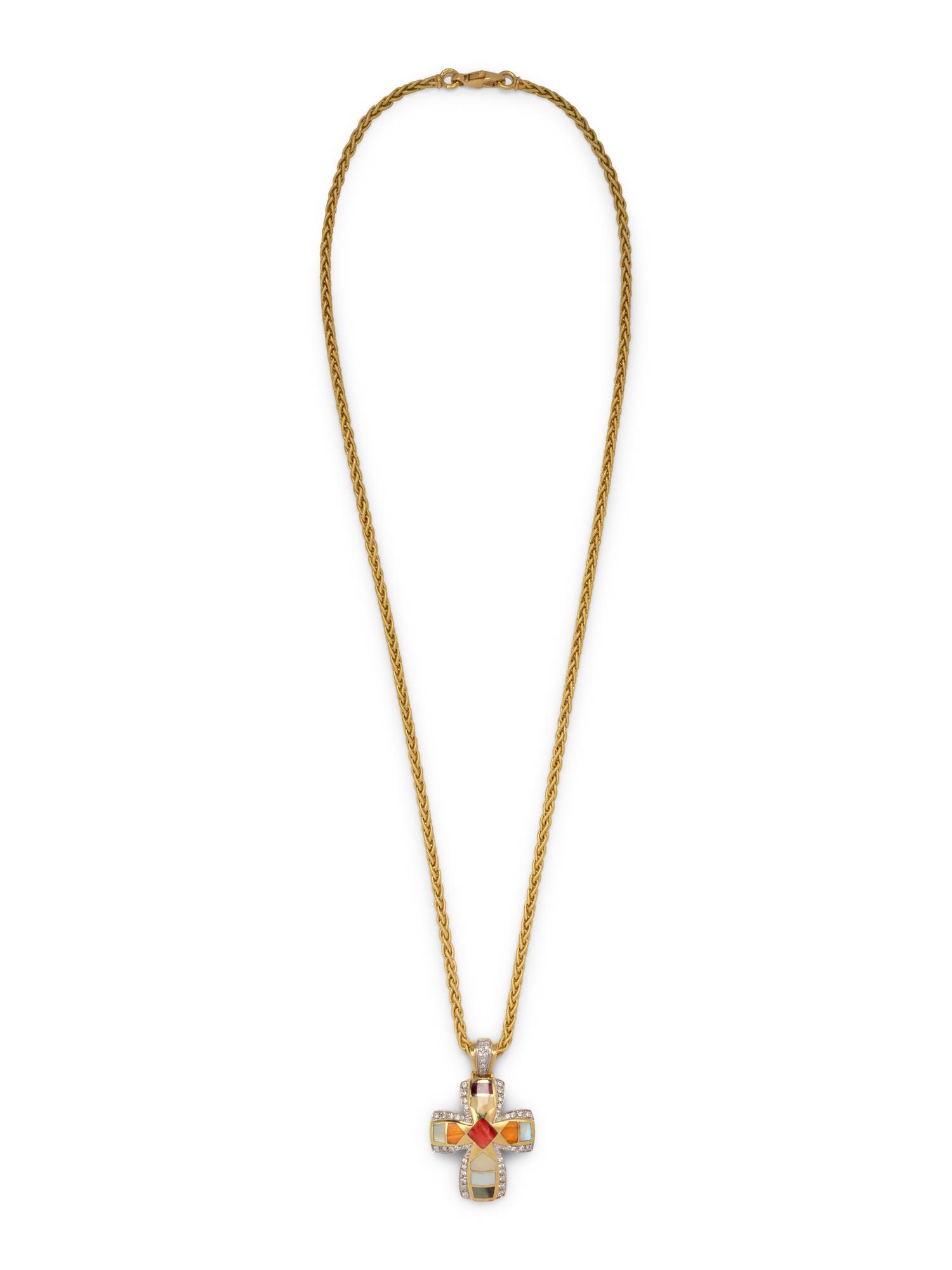 ASCH GROSSBARDT, DIAMOND AND HARDSTONE INLAY CROSS PENDANT/NECKLACE