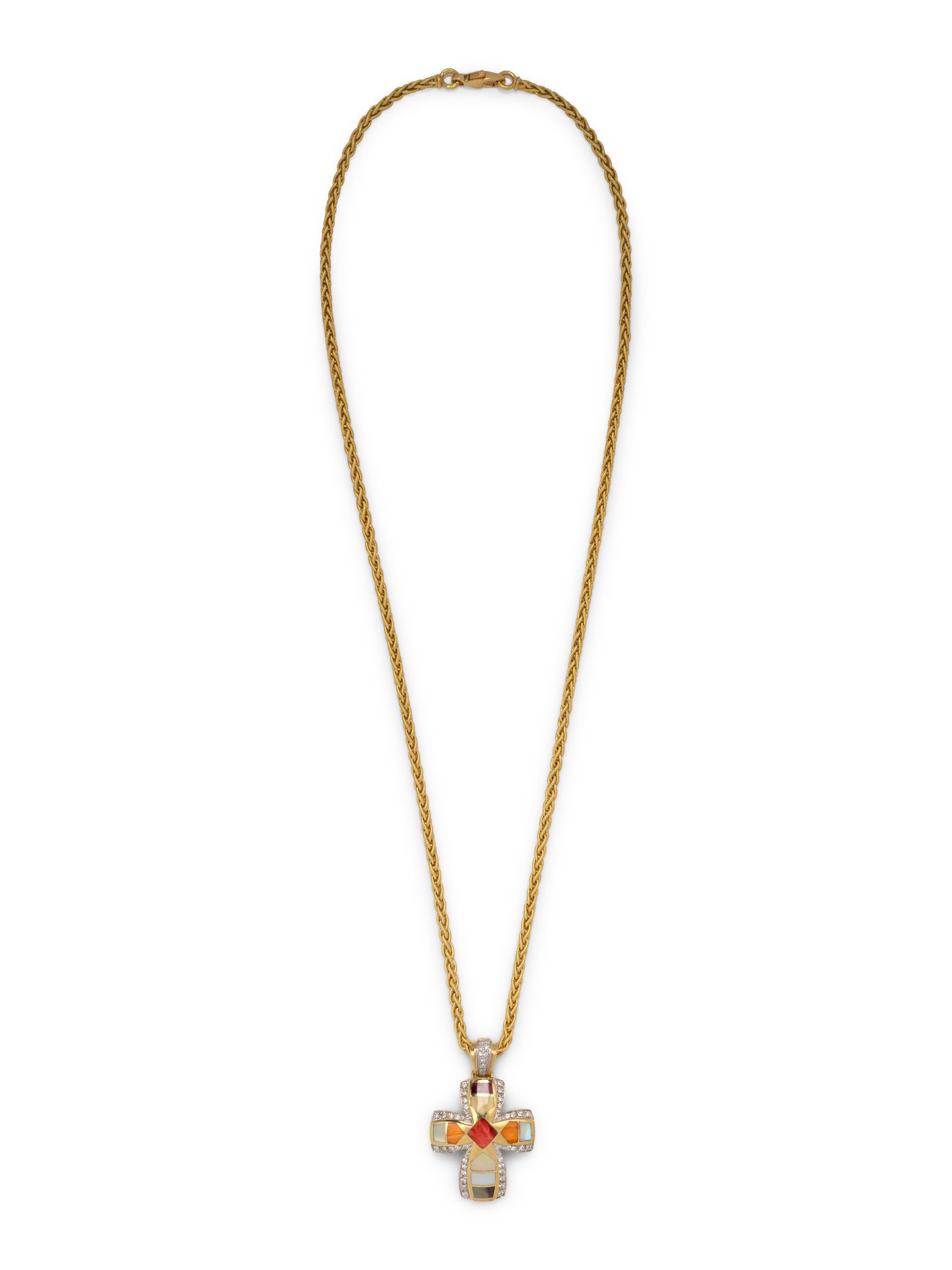 ASCH GROSSBARDT, DIAMOND AND HARDSTONE INLAY CROSS PENDANT/NECKLACE