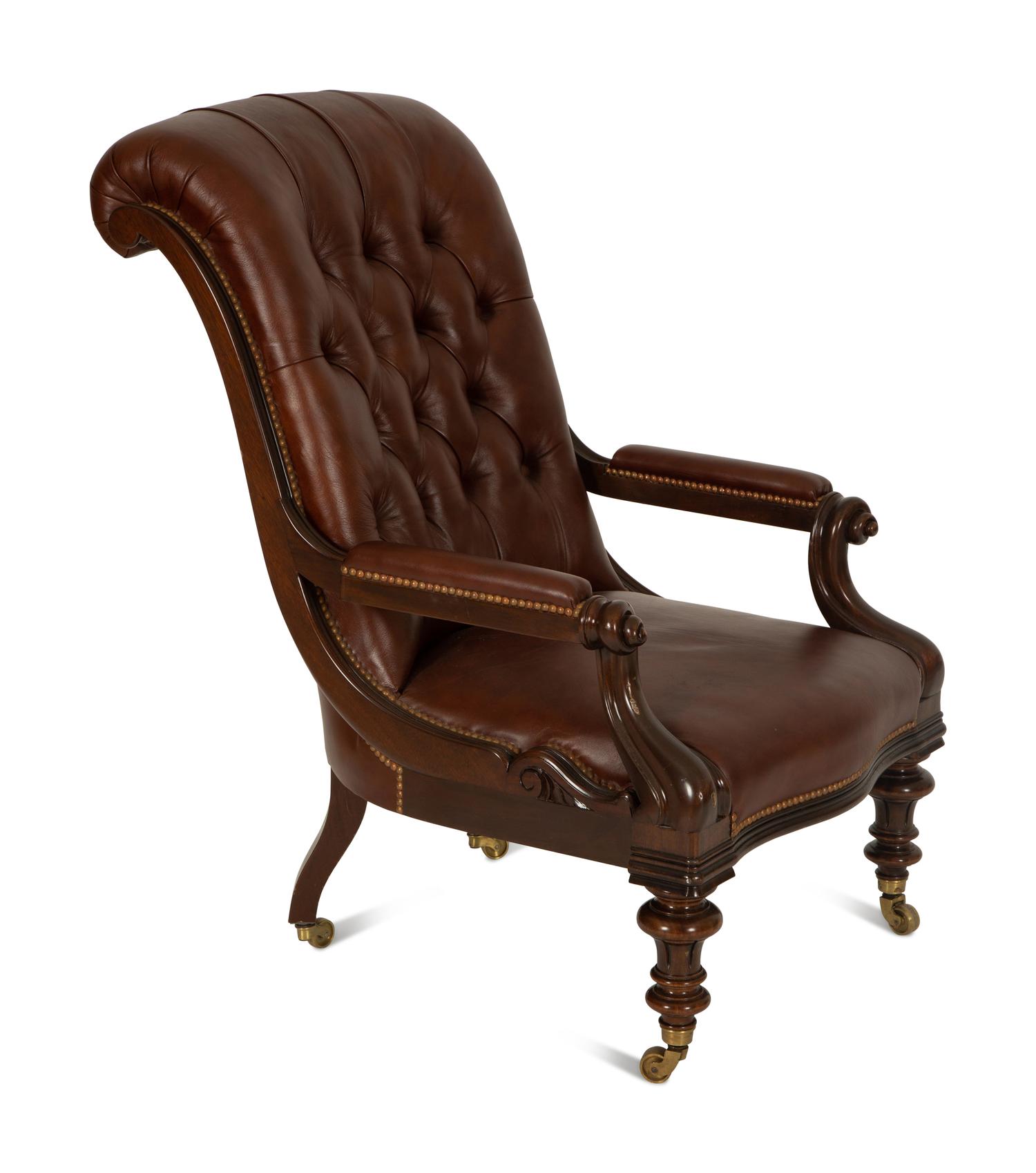 A Regency Style Leather Upholstered Mahogany Open Armchair — 20th Century