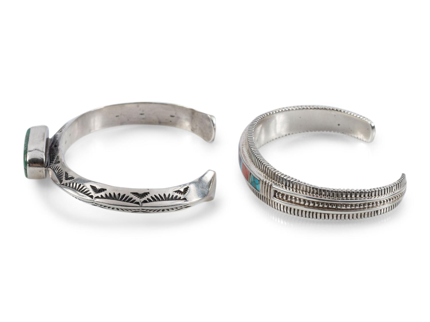 Navajo Slender Sterling Silver Cuff Bracelets, with Inlay
