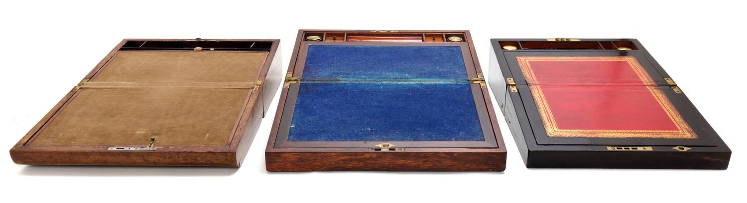 A Group of Three Lap Desks, Height of first 6 1/4 x width 16 x depth 10 inches
