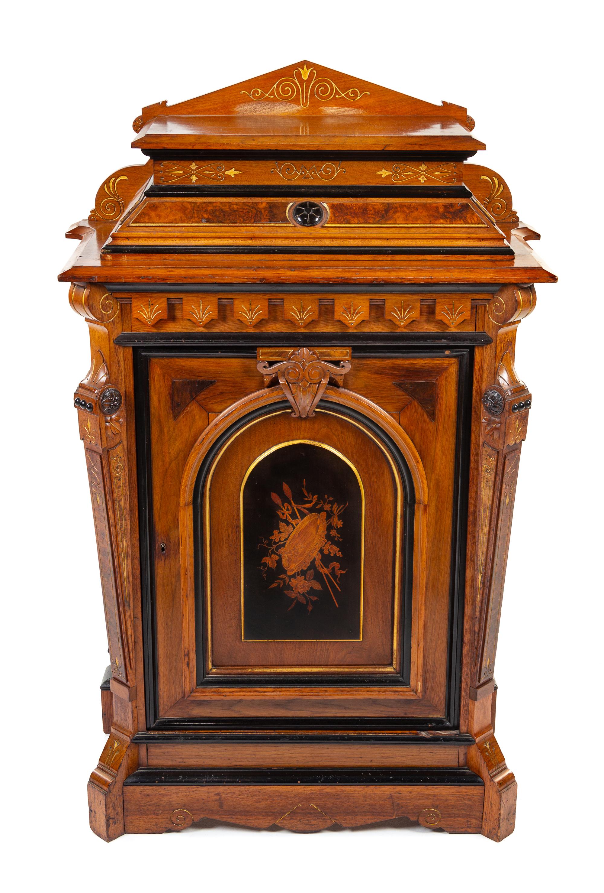 A Victorian Parcel Ebonized Marquetry Cabinet Height 54 x width 35 x depth 18 inches. — MANNER OF HERTER BROS., NEW YORK, LATE 19TH CENTURY