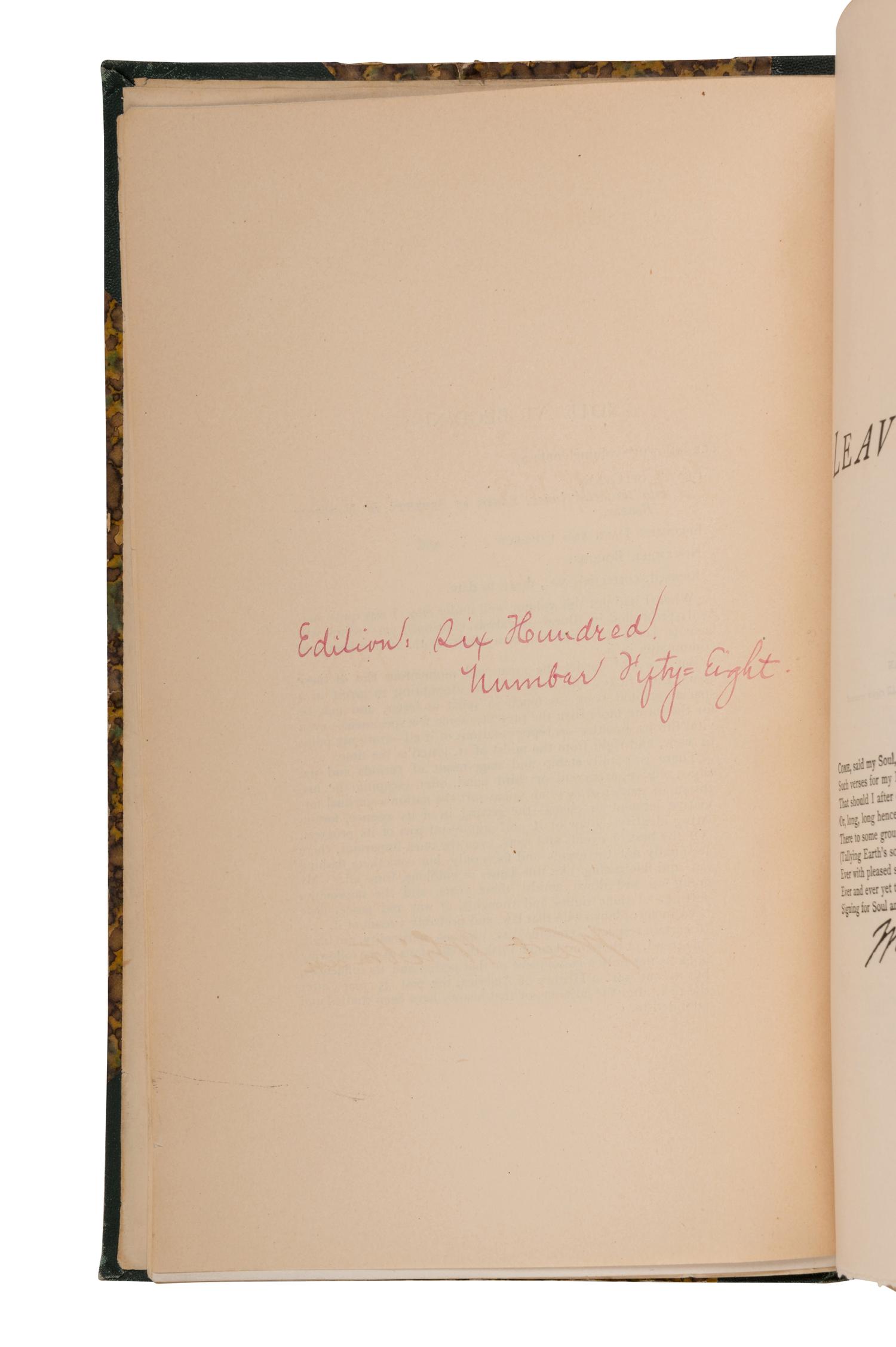 WHITMAN, Walt (1819-1892). Complete Poems & Prose of Walt Whitman, 1855...1888. Authenticated and Personal Book (handled by W.W.)... Portraits from Life...Autograph . [Philadelphia: for the author by the Ferguson Brothers, 1888].