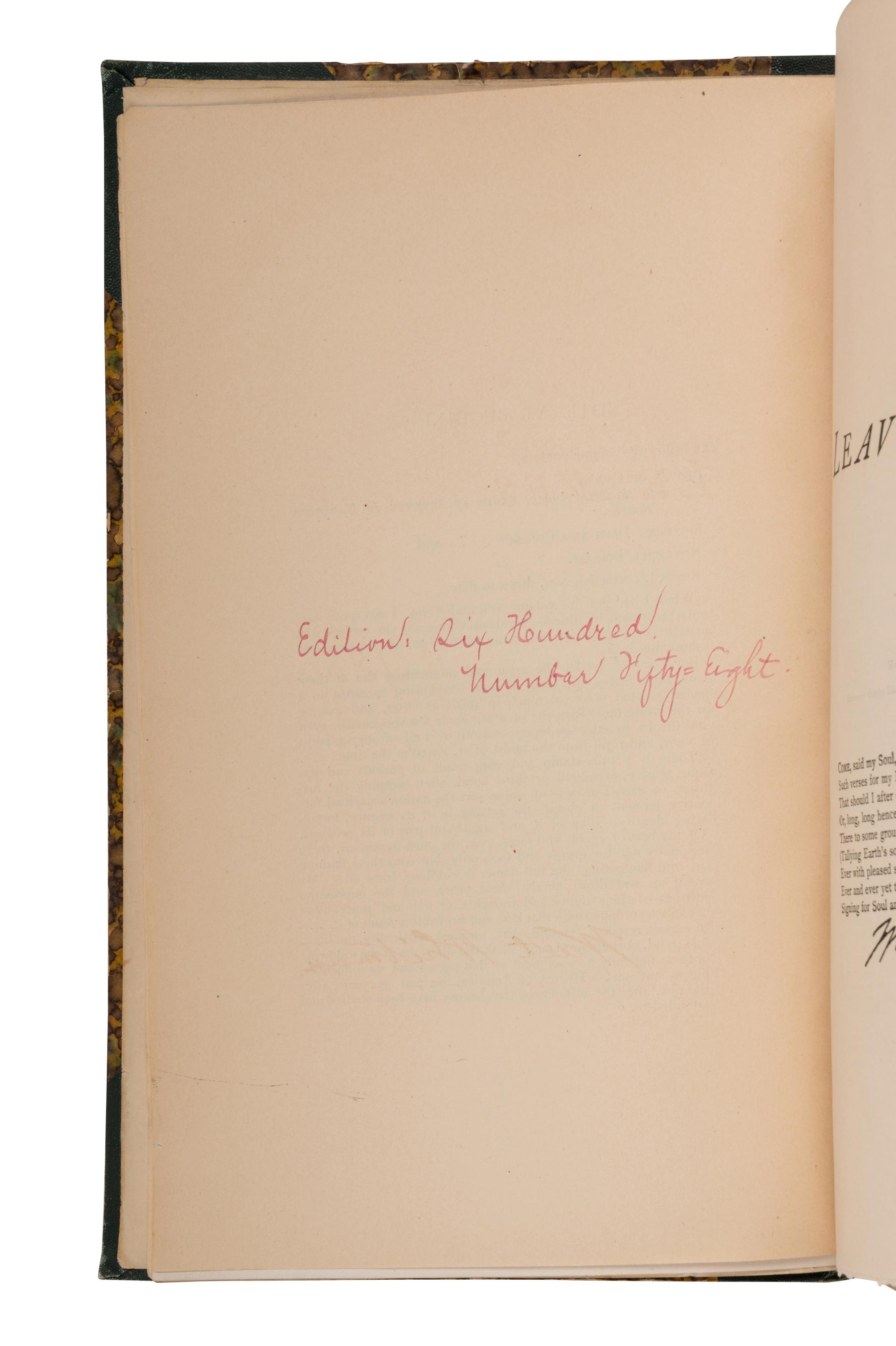 WHITMAN, Walt (1819-1892). Complete Poems & Prose of Walt Whitman, 1855...1888. Authenticated and Personal Book (handled by W.W.)... Portraits from Life...Autograph . [Philadelphia: for the author by the Ferguson Brothers, 1888].