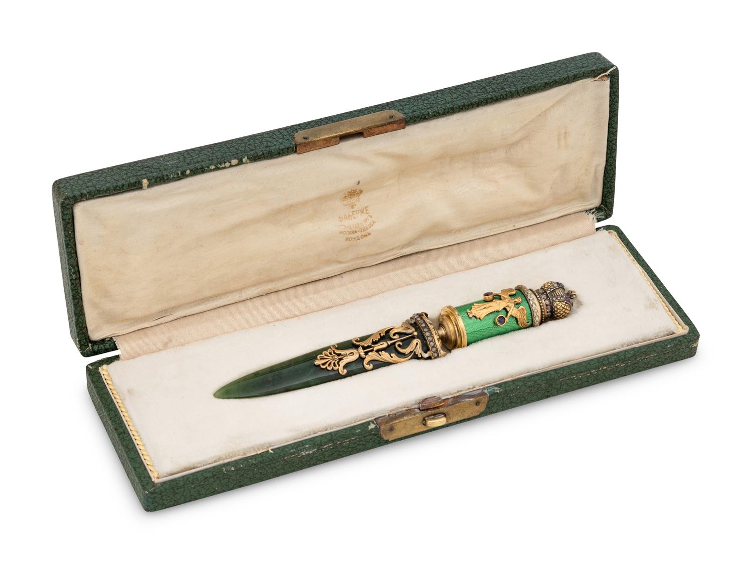 A Russian Spinach Jade and Jewel Mounted Silver Gilt and Guilloché Enameled Letter Opener