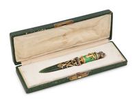A Russian Spinach Jade and Jewel Mounted Silver Gilt and Guilloché Enameled Letter Opener