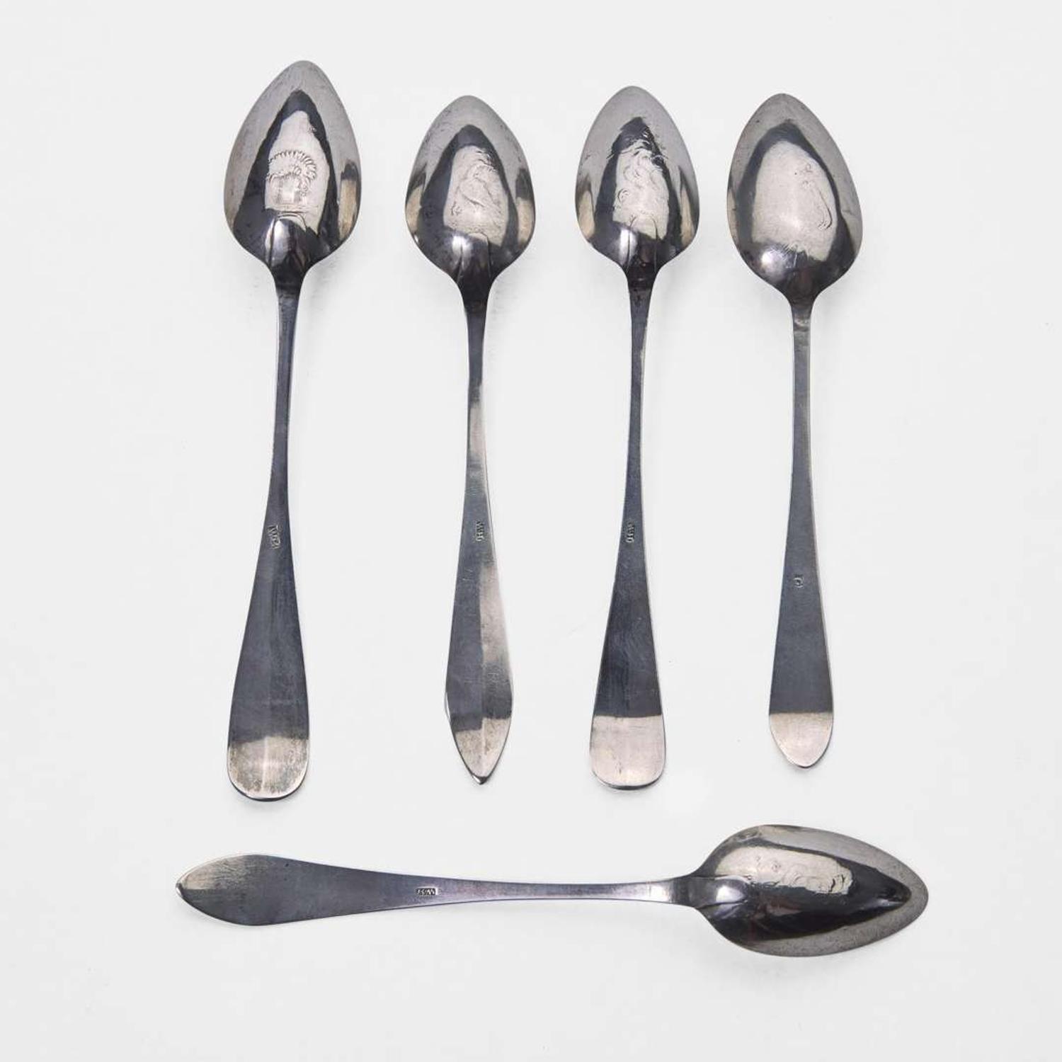 A large collection of twenty-five bird-back and fancy-back teaspoons Various makers, Lancaster, Reading, Philadelphia, PA, and Burlington, NJ, circa 1780-1820