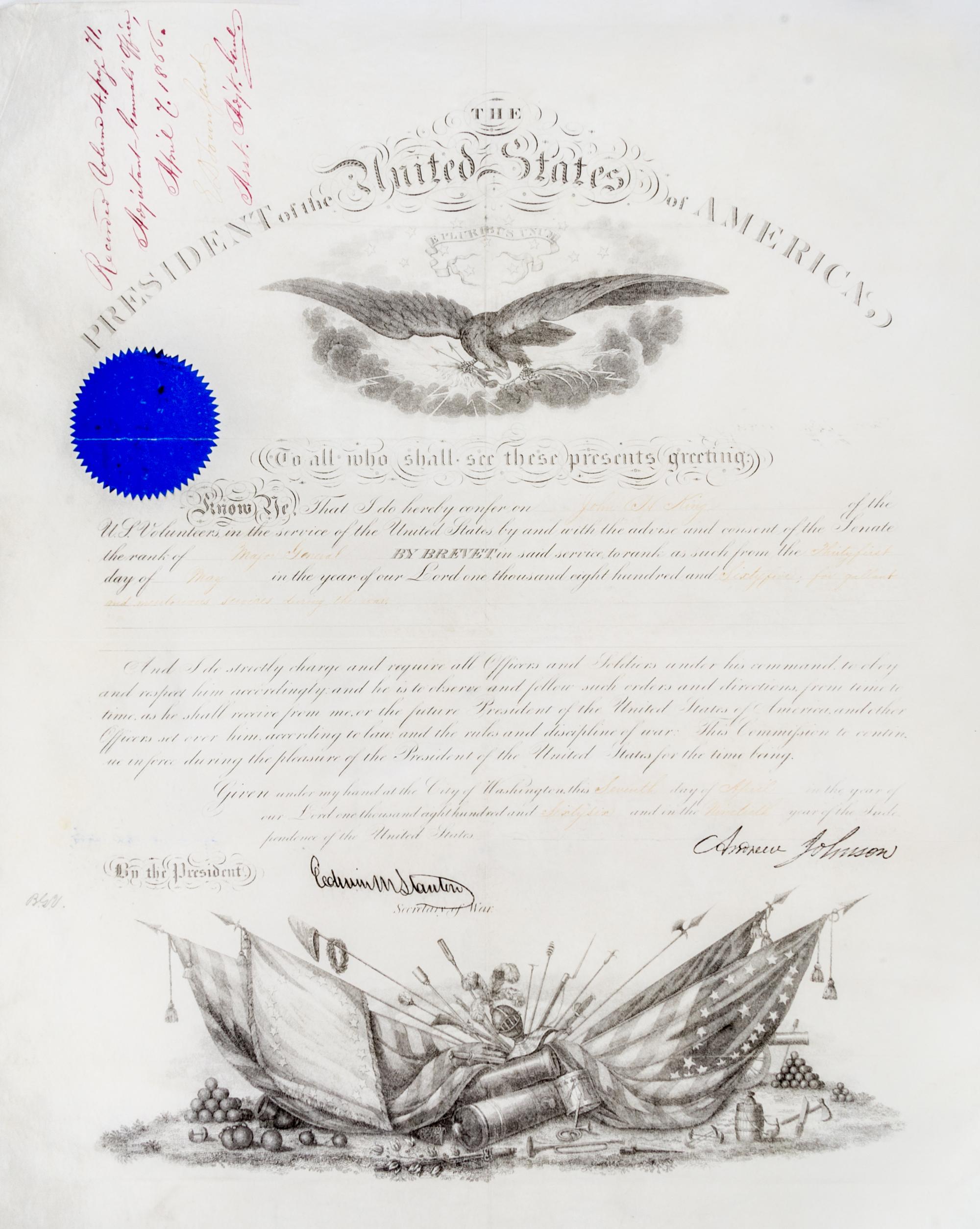 JOHNSON, ANDREW. Document signed, Washington, April 7, 1866. Appointment. Countersigned by Stanton.