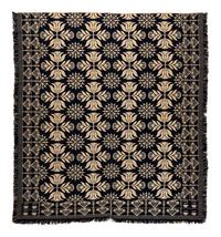 A Blue and White Flowering Urn, Sun and Acorn Pattern Jacquard Coverlet