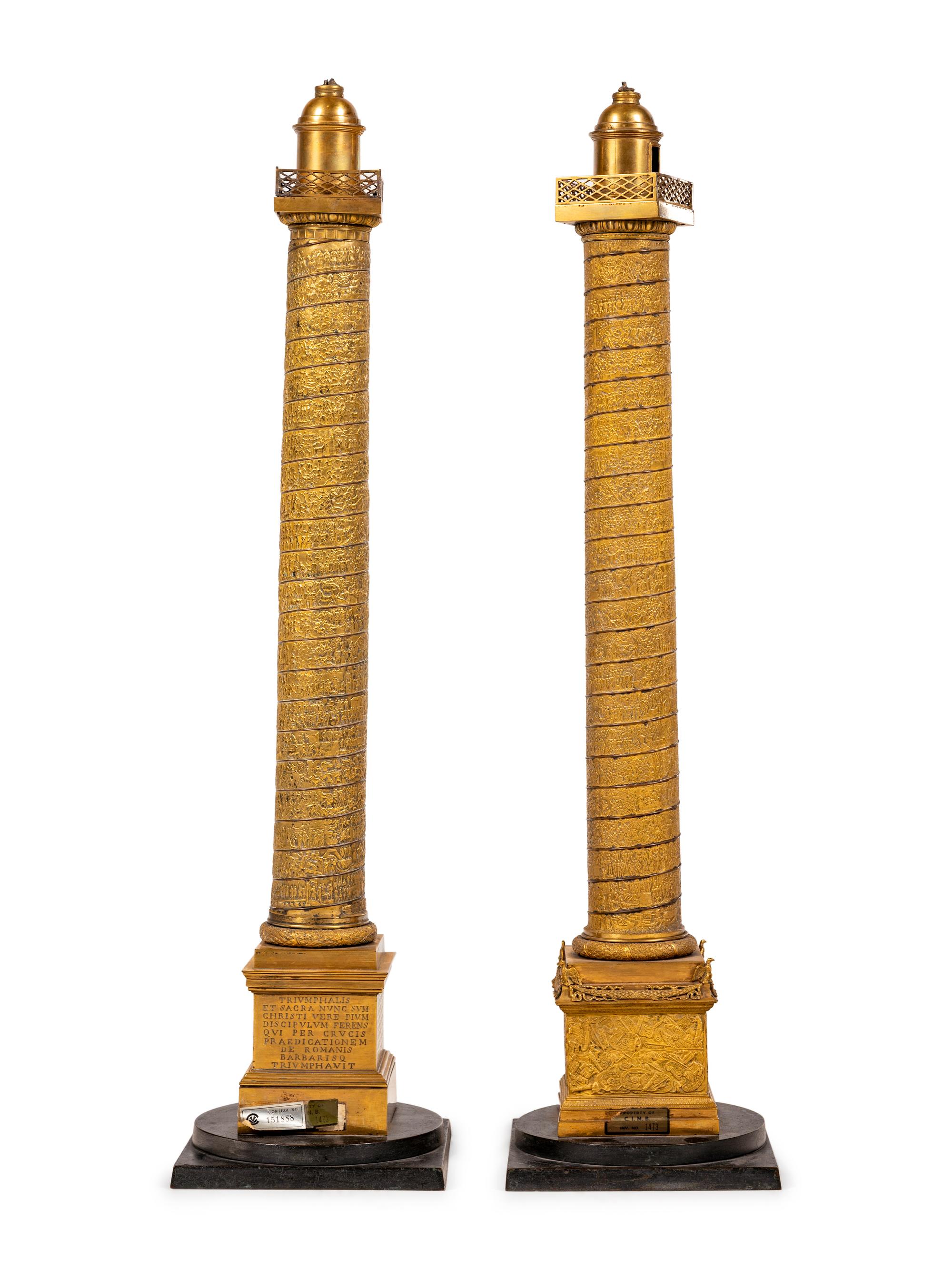 Two Large Grand Tour Gilt Bronze Models of the Column of Marcus Aurelius and Trajan's Column