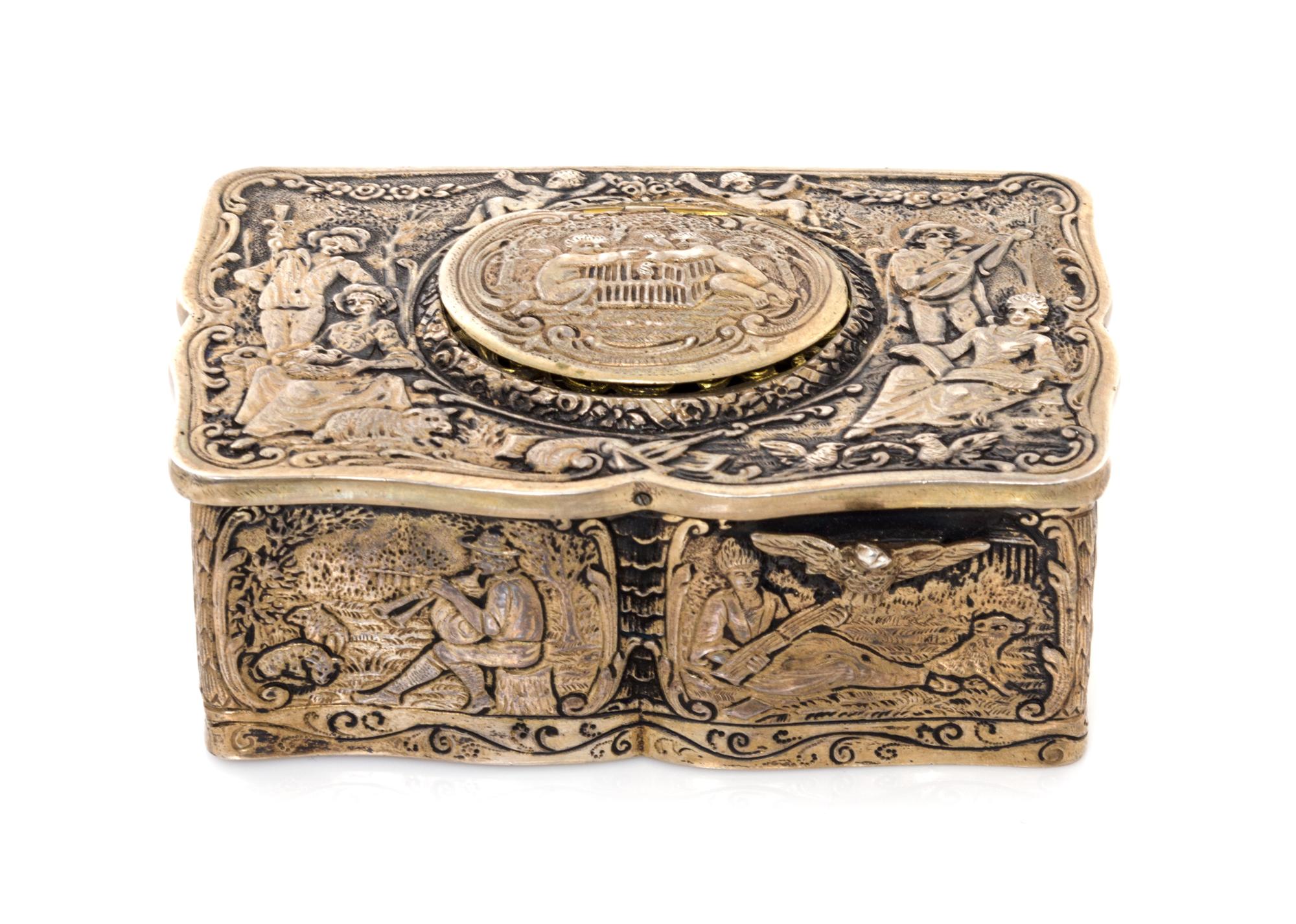 A German Silver Automaton Bird Box Height 1 1/2 x width 4 x depth 2 1/2 inches. — 19th Century