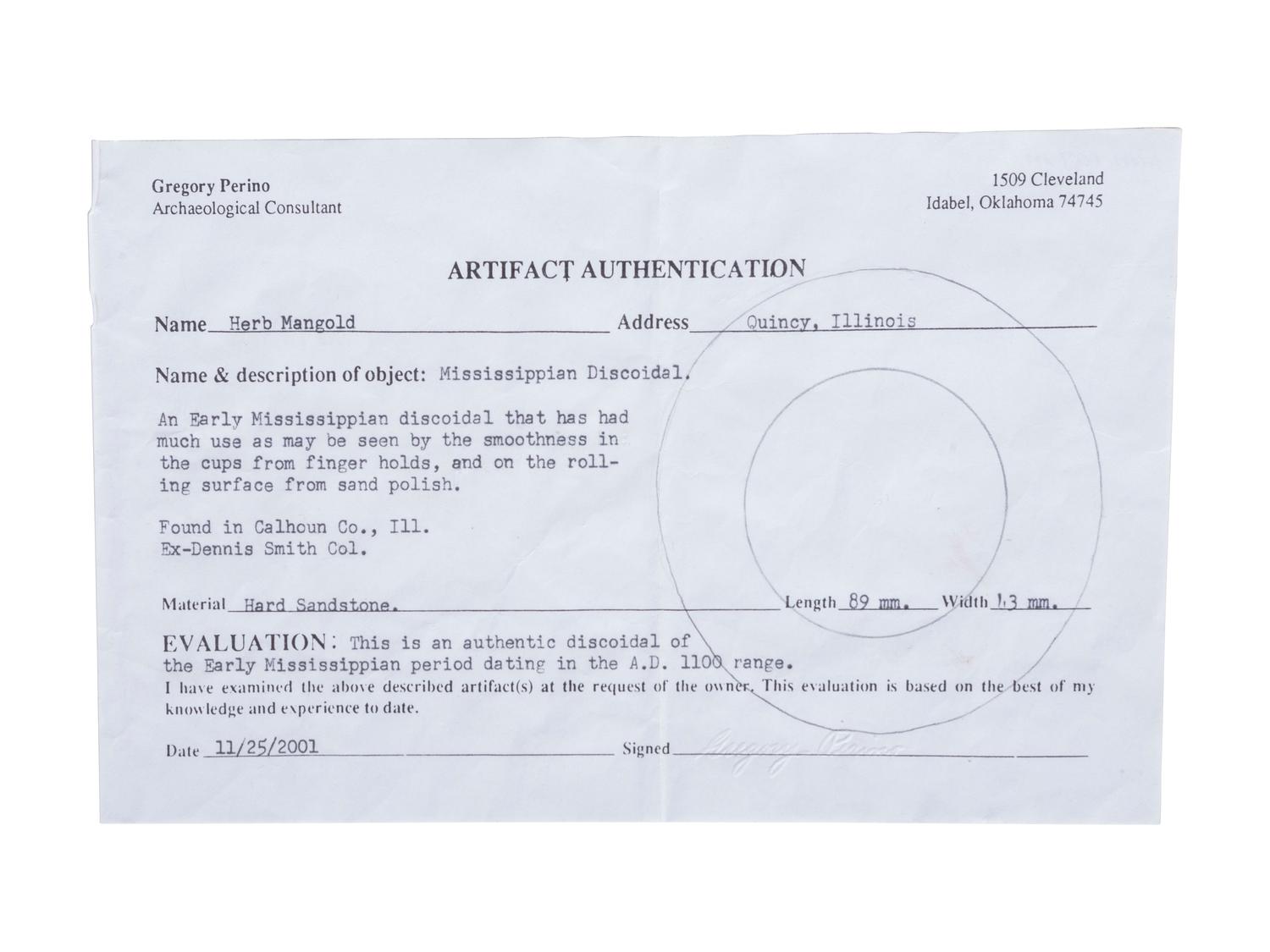 A Granite Discoidal, with Greg Perino COA