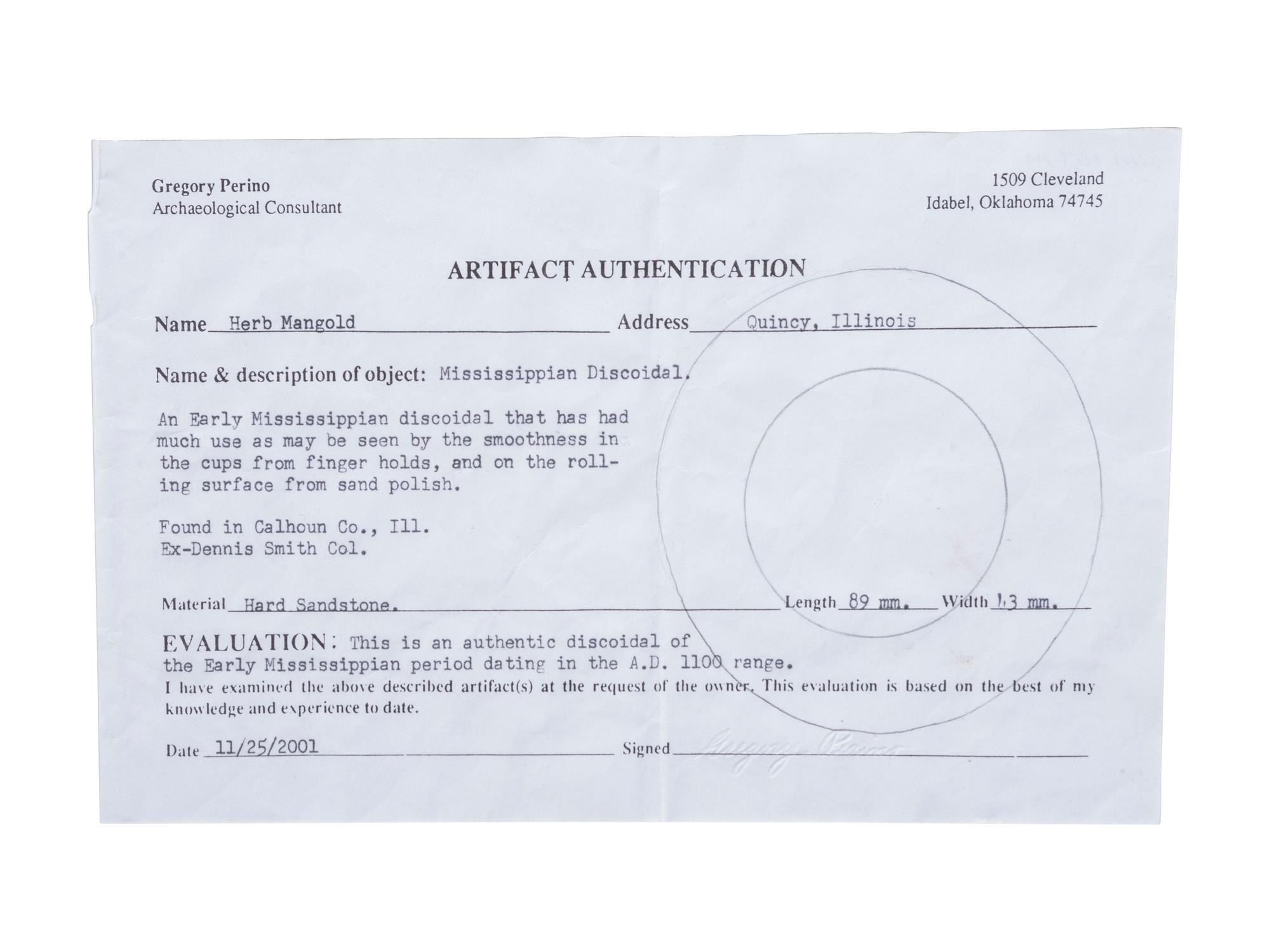 A Granite Discoidal, with Greg Perino COA