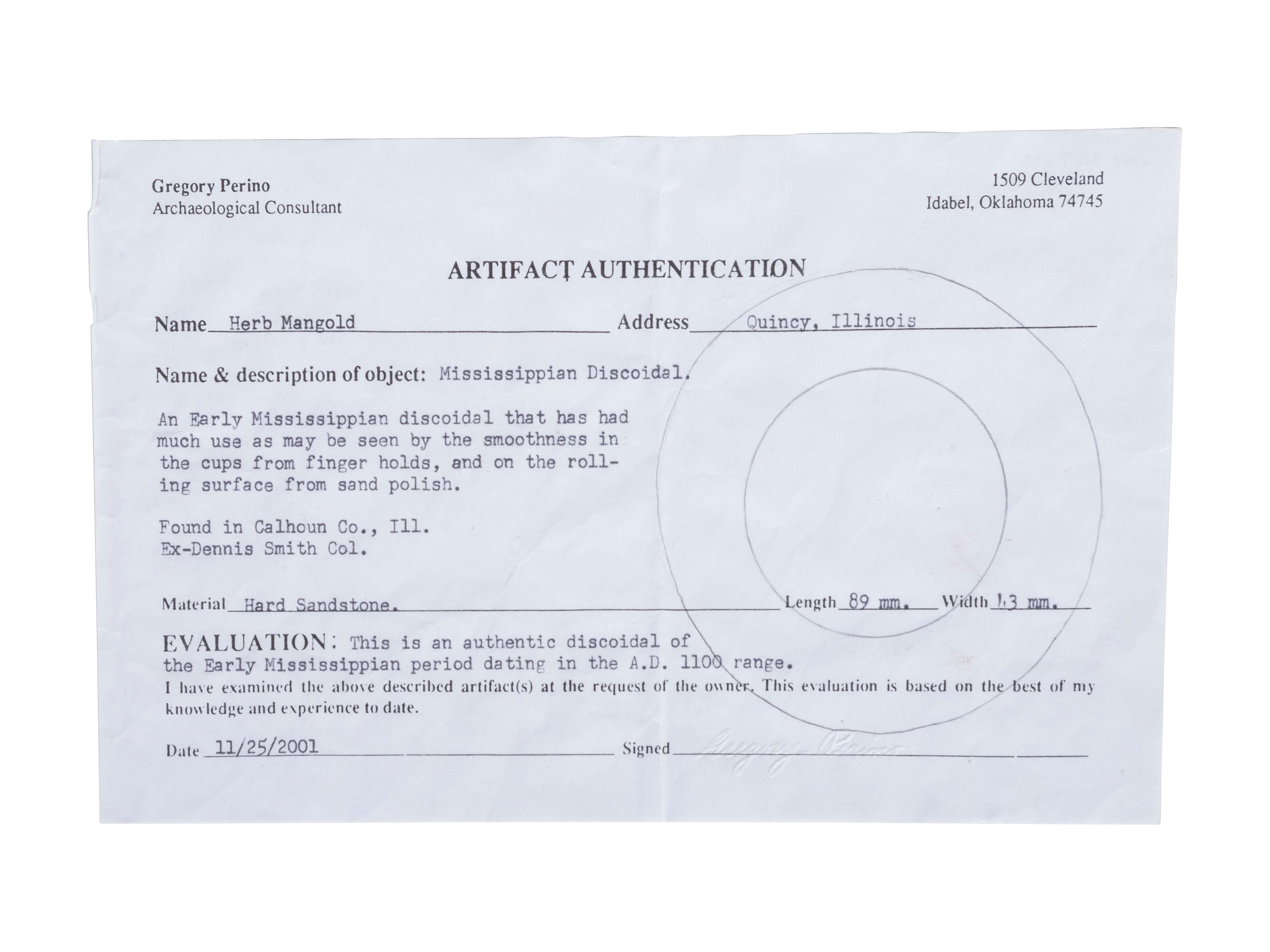 A Granite Discoidal, with Greg Perino COA
