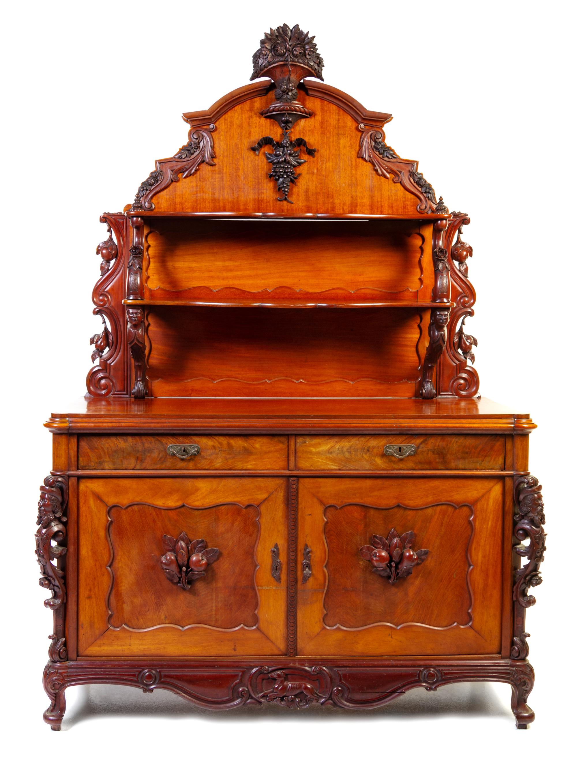 A Continental Carved Walnut Server Height 92 1/2 x width 60 x depth 22 1/4 inches. — 19TH CENTURY