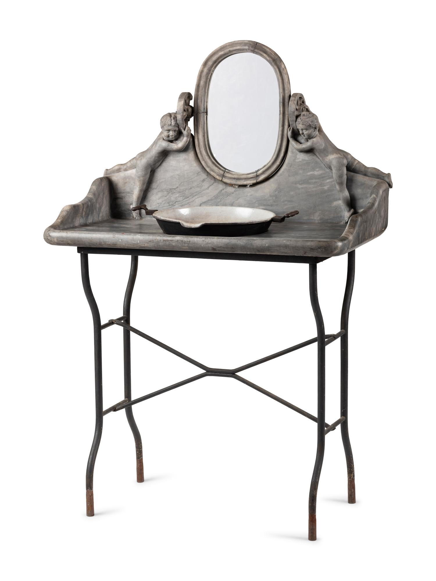 An Art Nouveau Putti-Carved Marble and Iron Figural Washstand