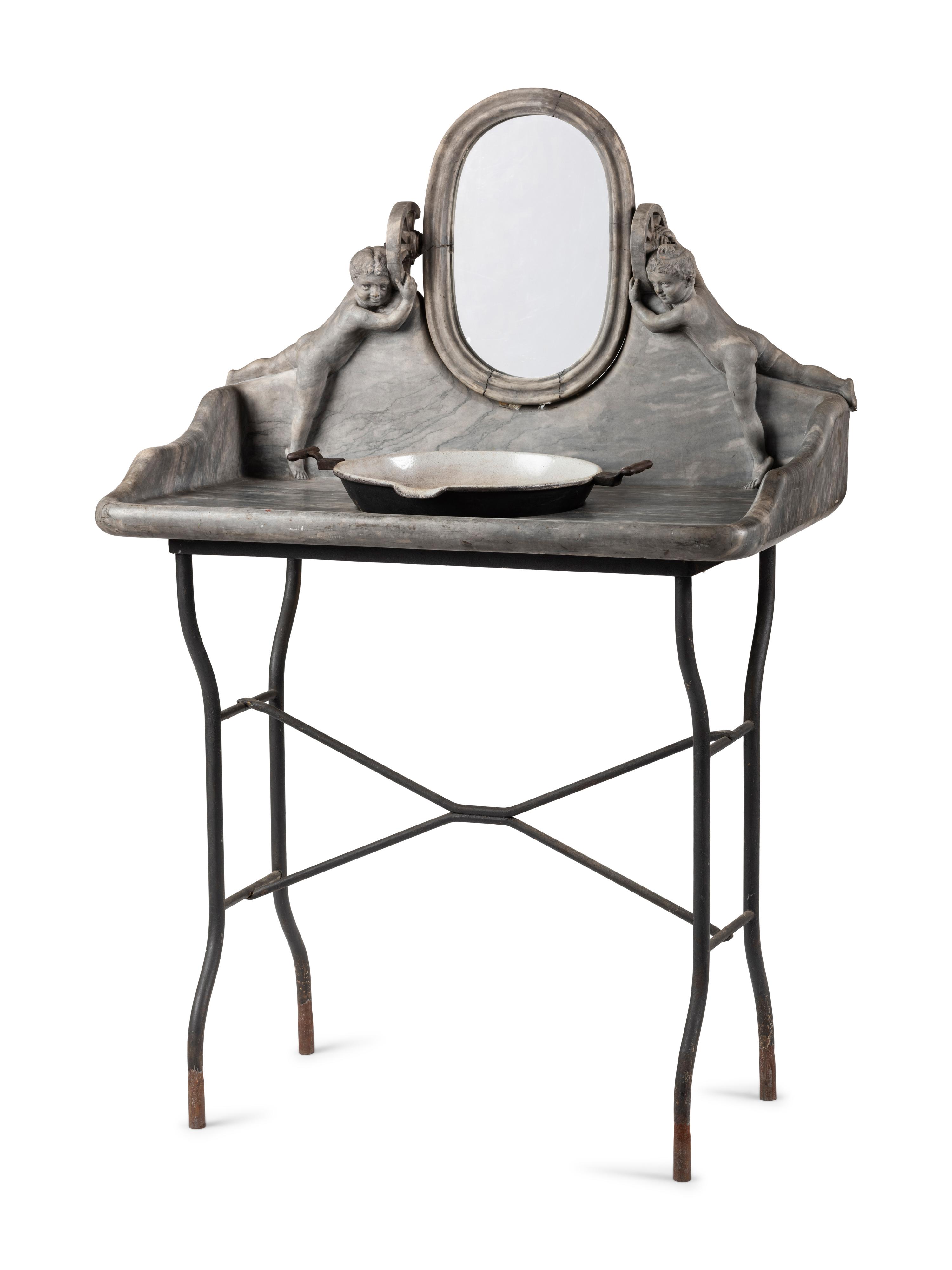 An Art Nouveau Putti-Carved Marble and Iron Figural Washstand