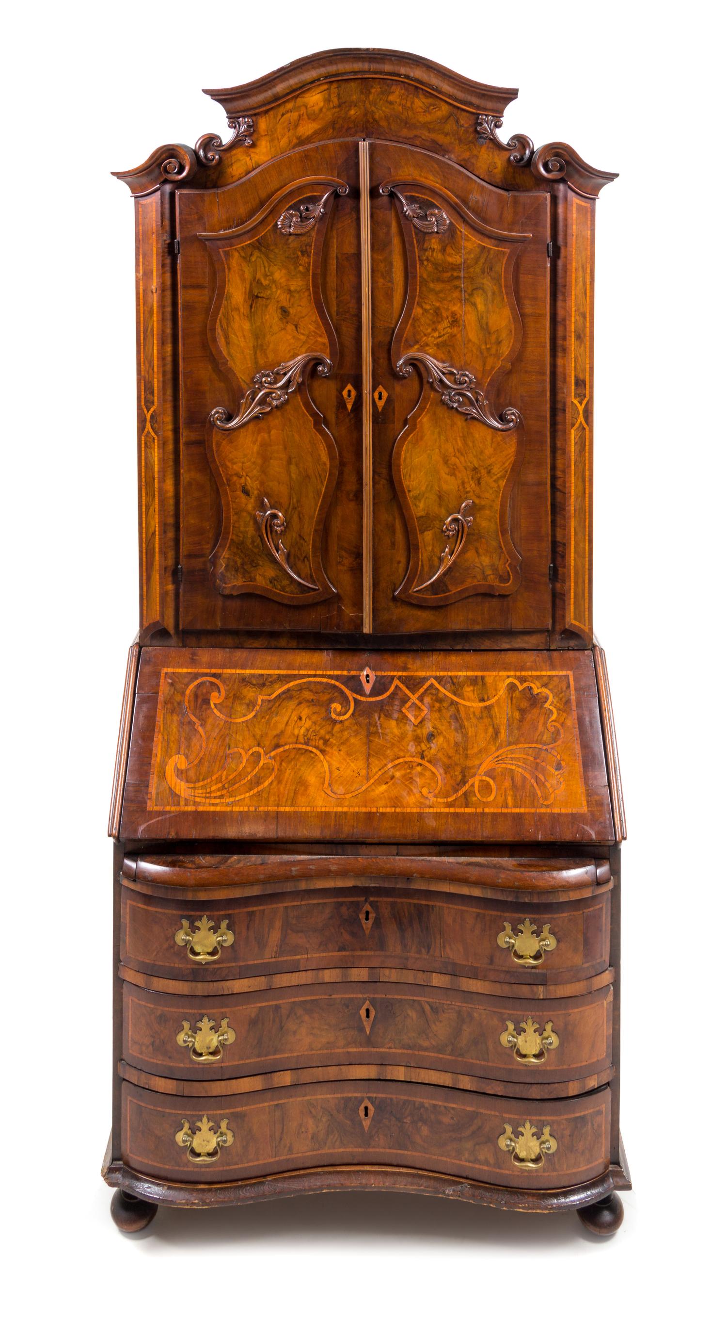 A German or Austrian Burl Walnut and Marquetry Secretary Bookcase Height 88 1/2 x width 40 5/8 x depth 21 inches. — 19TH CENTURY