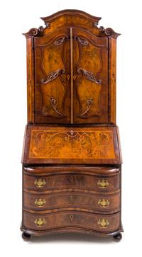 A German or Austrian Burl Walnut and Marquetry Secretary Bookcase Height 88 1/2 x width 40 5/8 x depth 21 inches. — 19TH CENTURY
