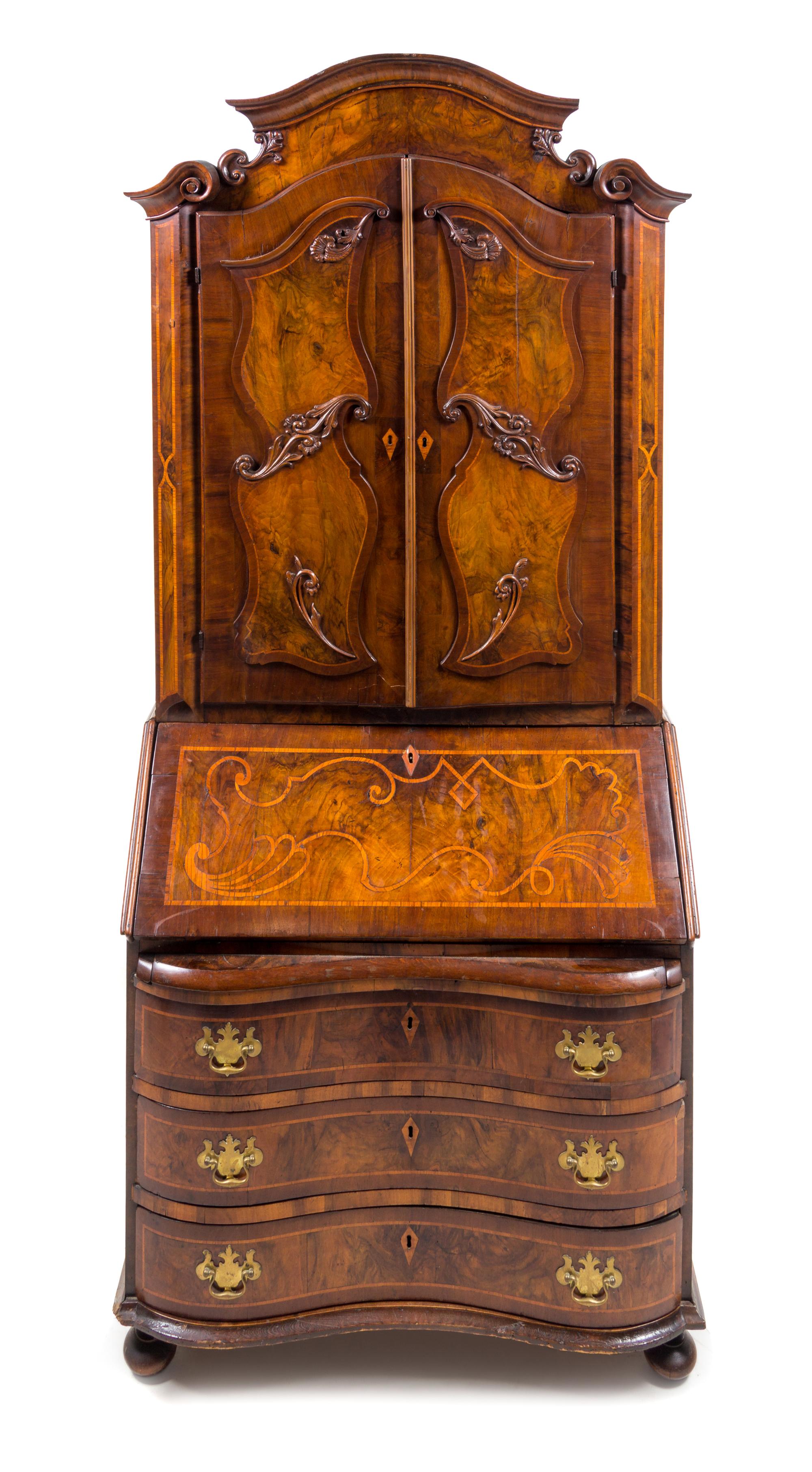 A German or Austrian Burl Walnut and Marquetry Secretary Bookcase Height 88 1/2 x width 40 5/8 x depth 21 inches. — 19TH CENTURY