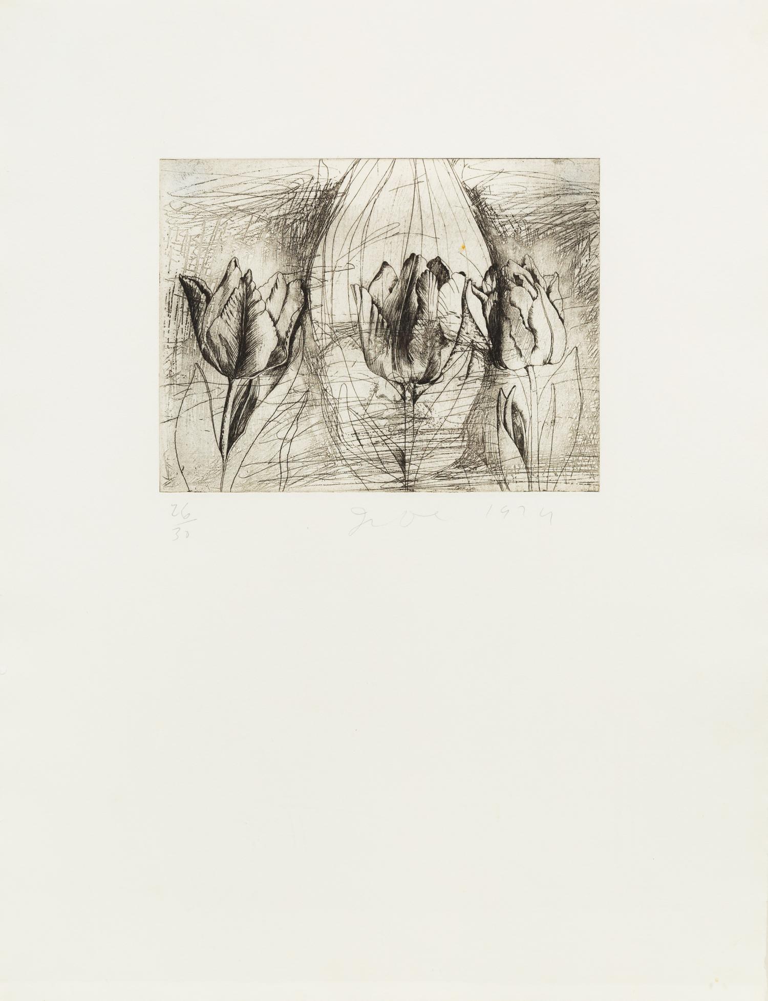 Jim Dine, (American, b. 1935), Self-portrait in a ski hat (Obliterated by tulips), 1974